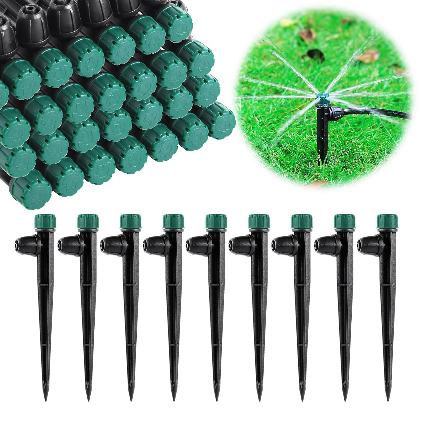 Anti-Drop Drip Irrigation Emitters for 1/4" Drip Tubing,5.5" Stake with Adjustable Automatic Irrigation Drippers for (4-7mm) Garden Watering System. (50pcs-360 Degree Drip)