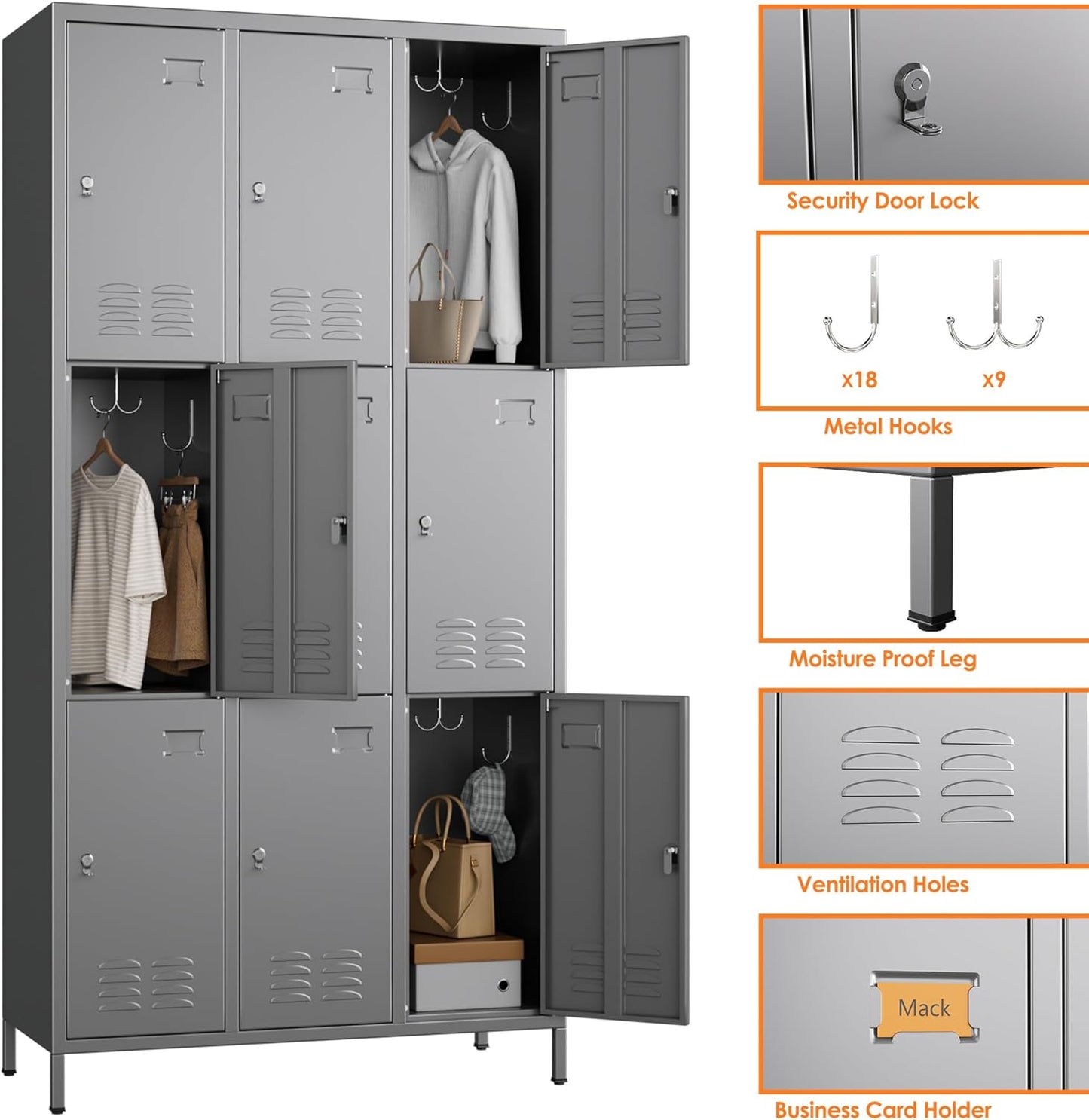 9 Doors Metal Lockers for Employees with 27 Hooks, Storage Locker with Business Card Holder for Office Gym School Bedroom, Assembly Required, Dark Gray