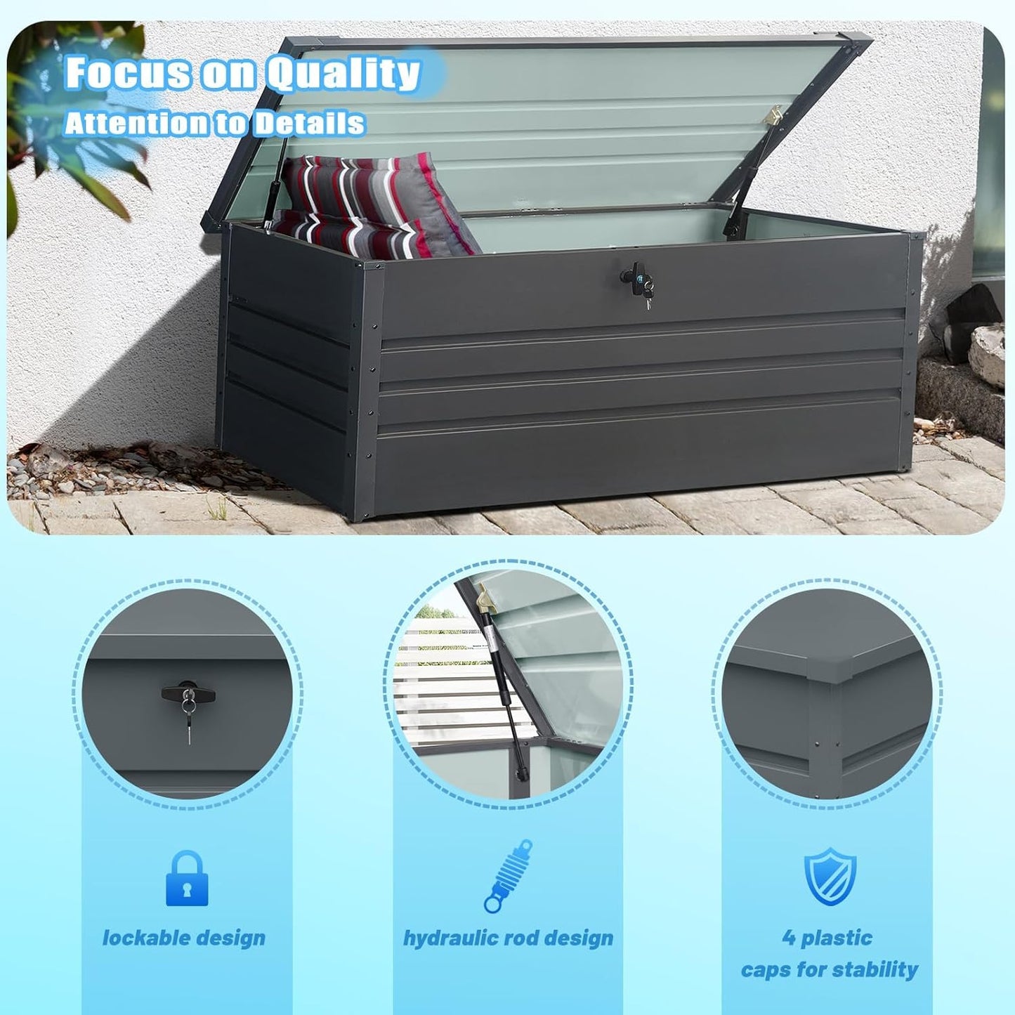 260 Gallon Metal Outdoor Storage Box Waterproof, Extra Large Deck Box and Patio Cushion Box for Storing Gardening Tools, Pool Supplies, Black