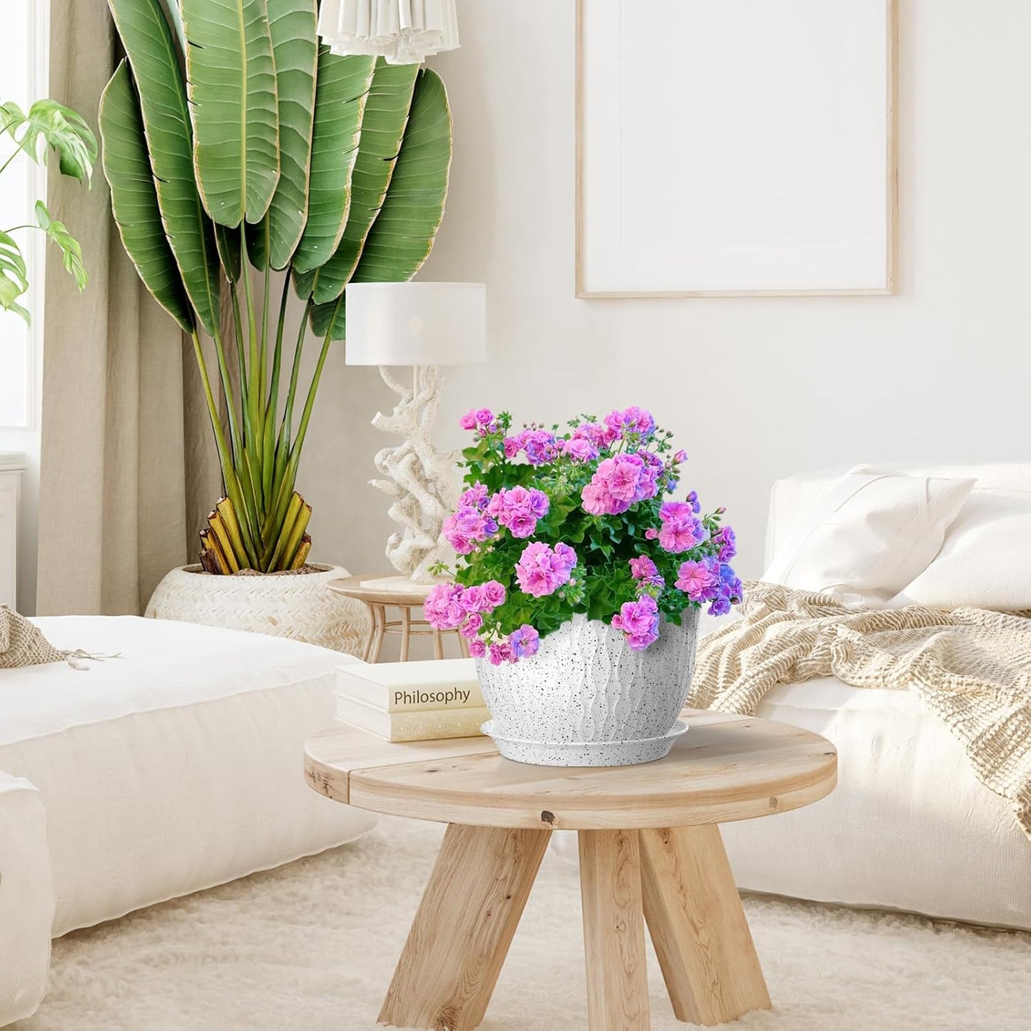 12/10/9 inch Large Flower Pots, 3 Set Big Plant Pots for Outdoor Indoor Plants with Water Ripples, Wide Plastic Planters with Drainage Holes and Saucers for Garden House Plants, Speckled White