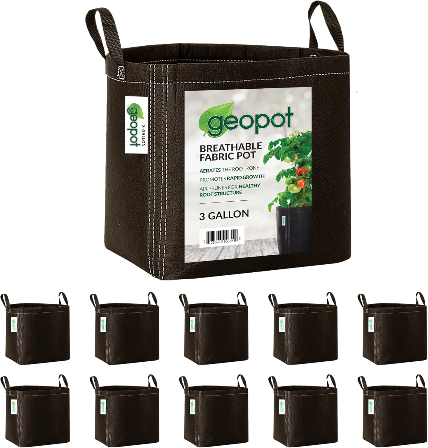 3 Gallon Fabric Grow Bags with Handles for Vegetables, Houseplants, Herbs & Flowers | 10-Pack | Fabric Pots for Outdoors and Indoors, Aerated Fabric Grow Bags