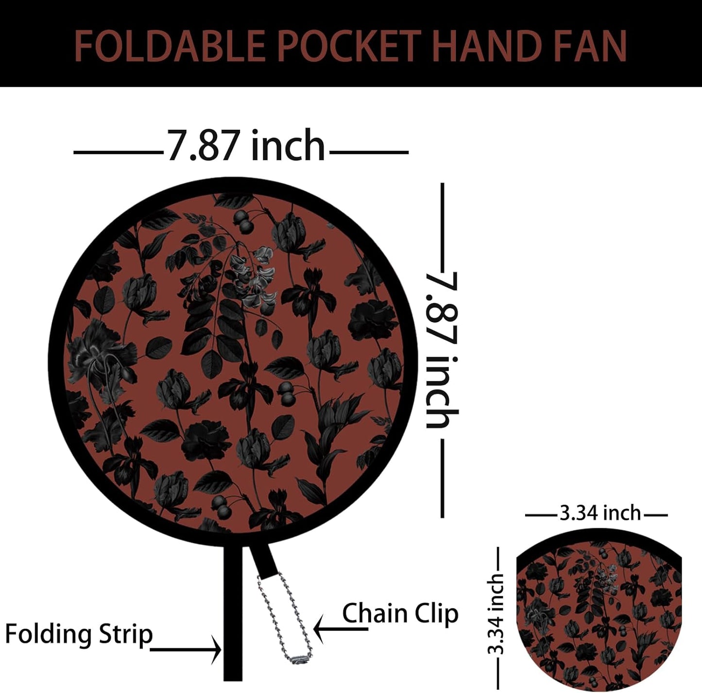 4 Pack Chic Black Botanical Foldable Hand Fans, Versatile Round Handheld Fans for Travel, Events, Indoor and Outdoor (Chic Black)