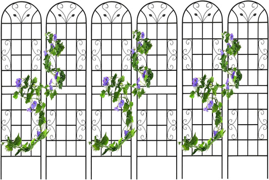 6 Pack Metal Garden Trellis for Climbing Plants, 86.7" Tall Rustproof Outdoor Trellis Panel with Vine Lines Design, Decorative Black Iron Plant Support for Vine, Rose, Flower, Garden Wall