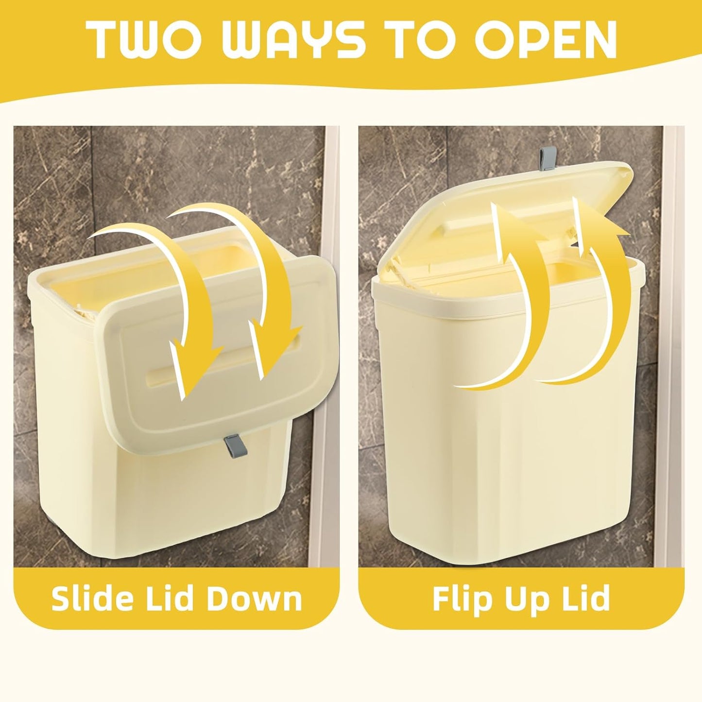 3 Pack Hanging Trash Can with Lid, 10L/2.6 Kitchen Compost Bin for Under Sink or Counter Top, Wall Mounted Home Plastic Waste Basket Garbage Can for Cupboard/Bathroom/Bedroom/Office/Camping (Cream)