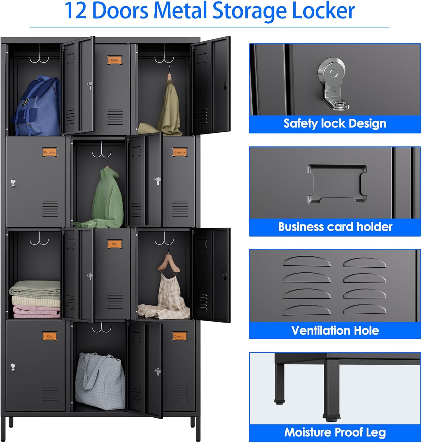 12 Doors Metal Locker for Employees with Business Card Holder,Metal Locker with 12 Hooks and Ventilation Holes for School Garage Office Gym Home,Assembly Required,Black