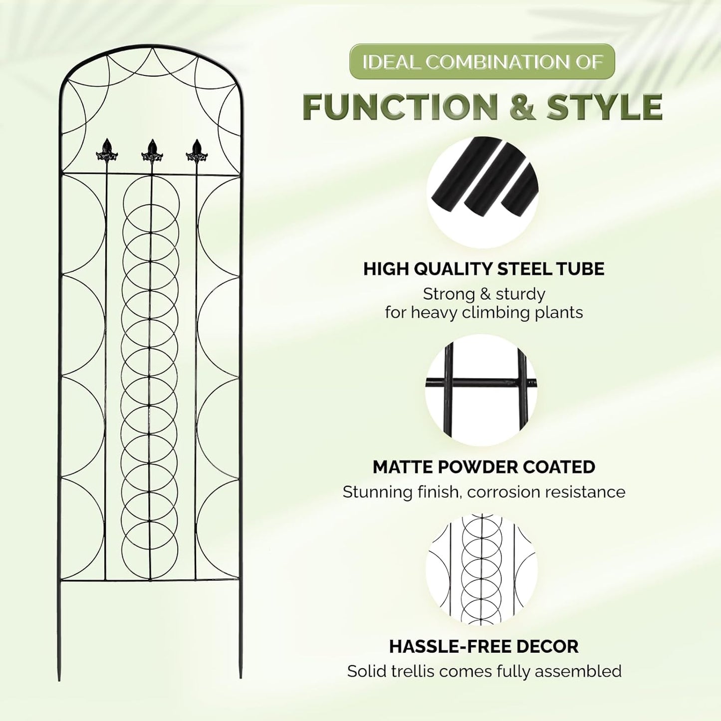 Idzo 71 in. Decorative Metal Trellis for Climbing Plants Outdoor, Heavy-Duty Steel Garden Trellis with Durable Powder Coating, Black