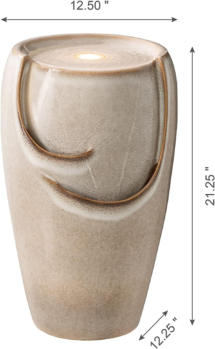 Glitzhome 21.25" H Ceramic Vase Outdoor Water Fountain Tall Patio Garden Water Fountain with LED Light and Submersible Pump Yard Art Decor, Sand Beige