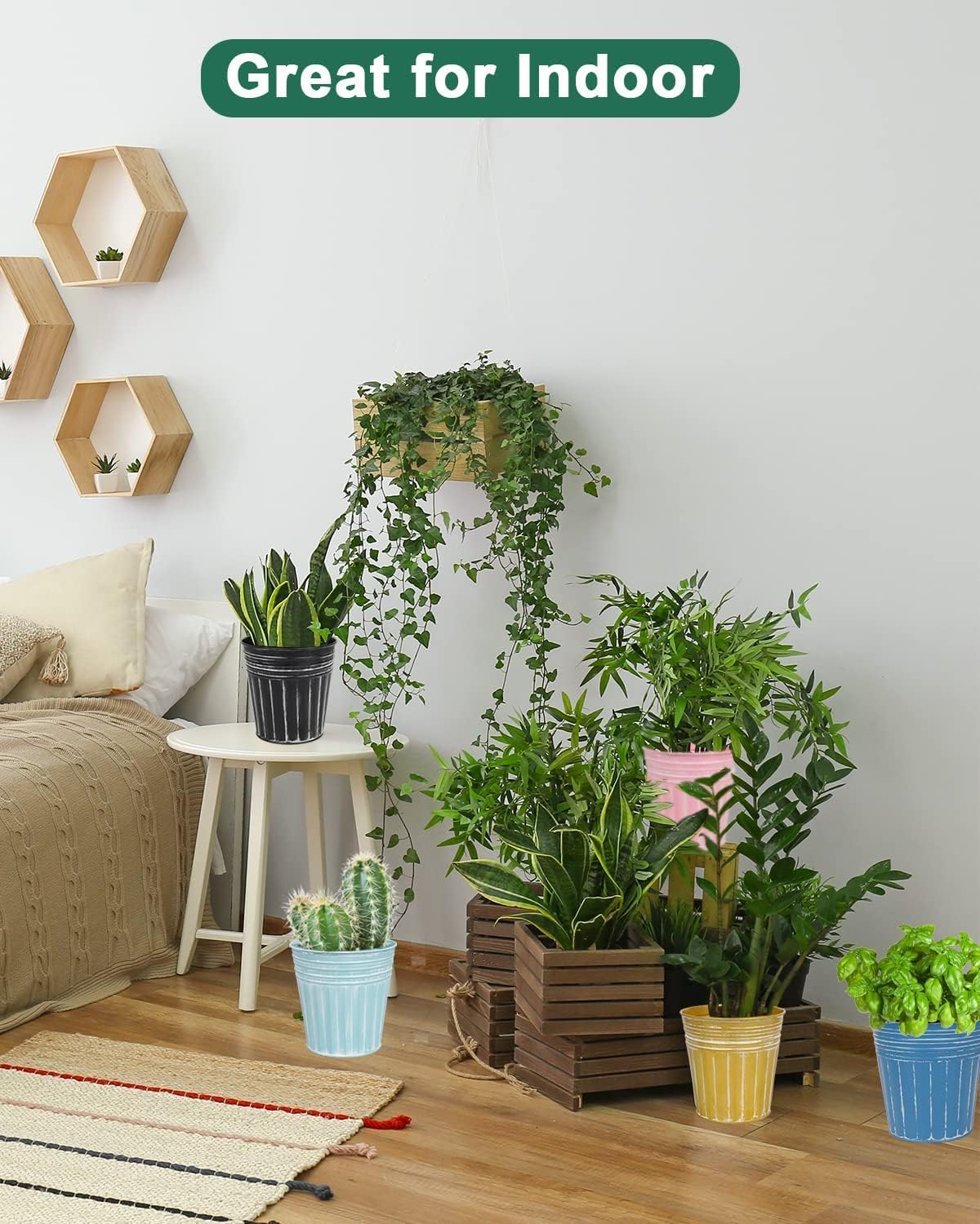 6 Inch Black Metal Rustic Flower Pots - 6Pcs Galvanized Planters with Drainage Hole and Rubber Plug, Rustproof Metal Bucket Plant Pots Farmhouse Vintage Style for Decor