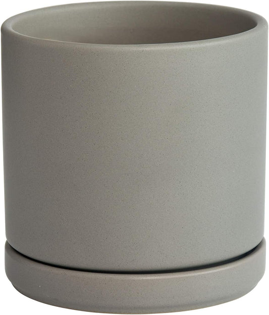 D'vine Dev 6 Inch Ceramic Planter Pot with Drainage Hole and Saucer, Indoor Cylinder Round Flower Pot, Grey, 94-O-C-3