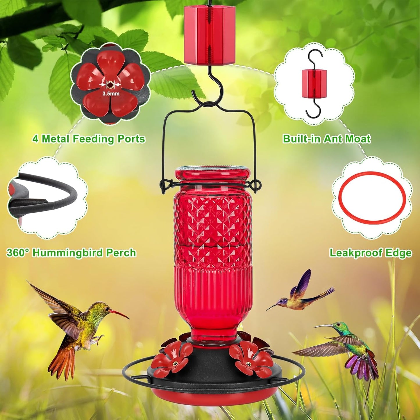 FEED GARDEN Glass Hummingbird Feeder for Outdoors Hanging, 16 OZ Humming Bird Feeders with 4 Bee Guard Feeding Ports & Built-in Ant Moat, Hummingbird Gifts for Mom Bird Feeder for Outside, Red,2 Pack