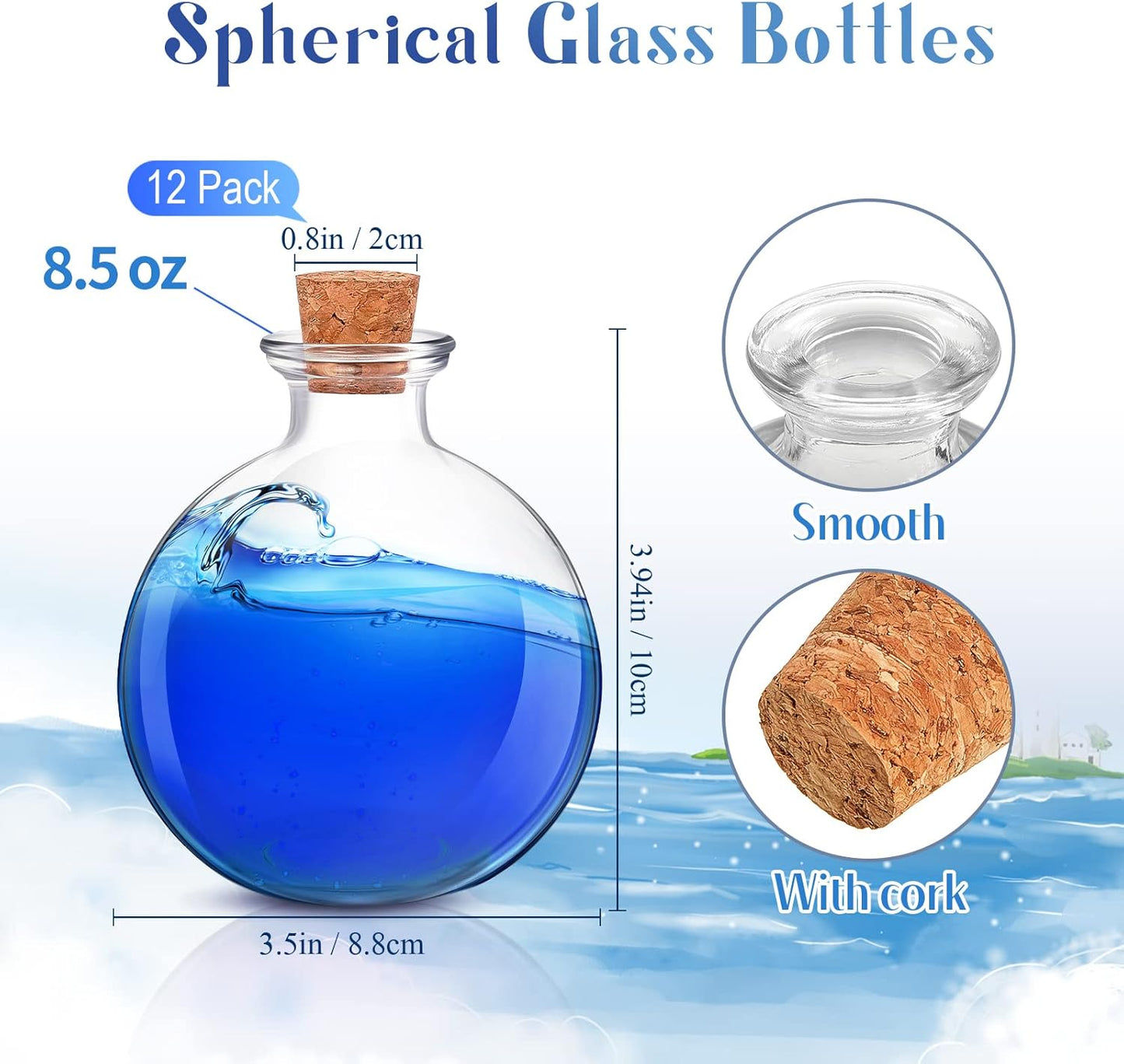 Tessco for you 12 Pcs Potion Bottles Round Glass Clear Potion Jars 8.5 oz Spherical Decorative Witch Bottles Wizard Stuff for Liquor Halloween Decoration DIY Art Crafts Gift (Classic)