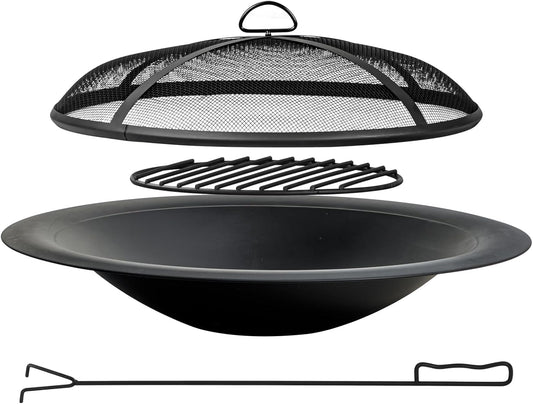 35 inch Steel Fire Pit Bowl for DIY or Replacement Existing Fire Pits, Wood Burning Fire Pit Bowl with Spark Screen &Fire Poker, Fireplace for Backyard, Porch, Deck, Camping, BBQ(Smooth)