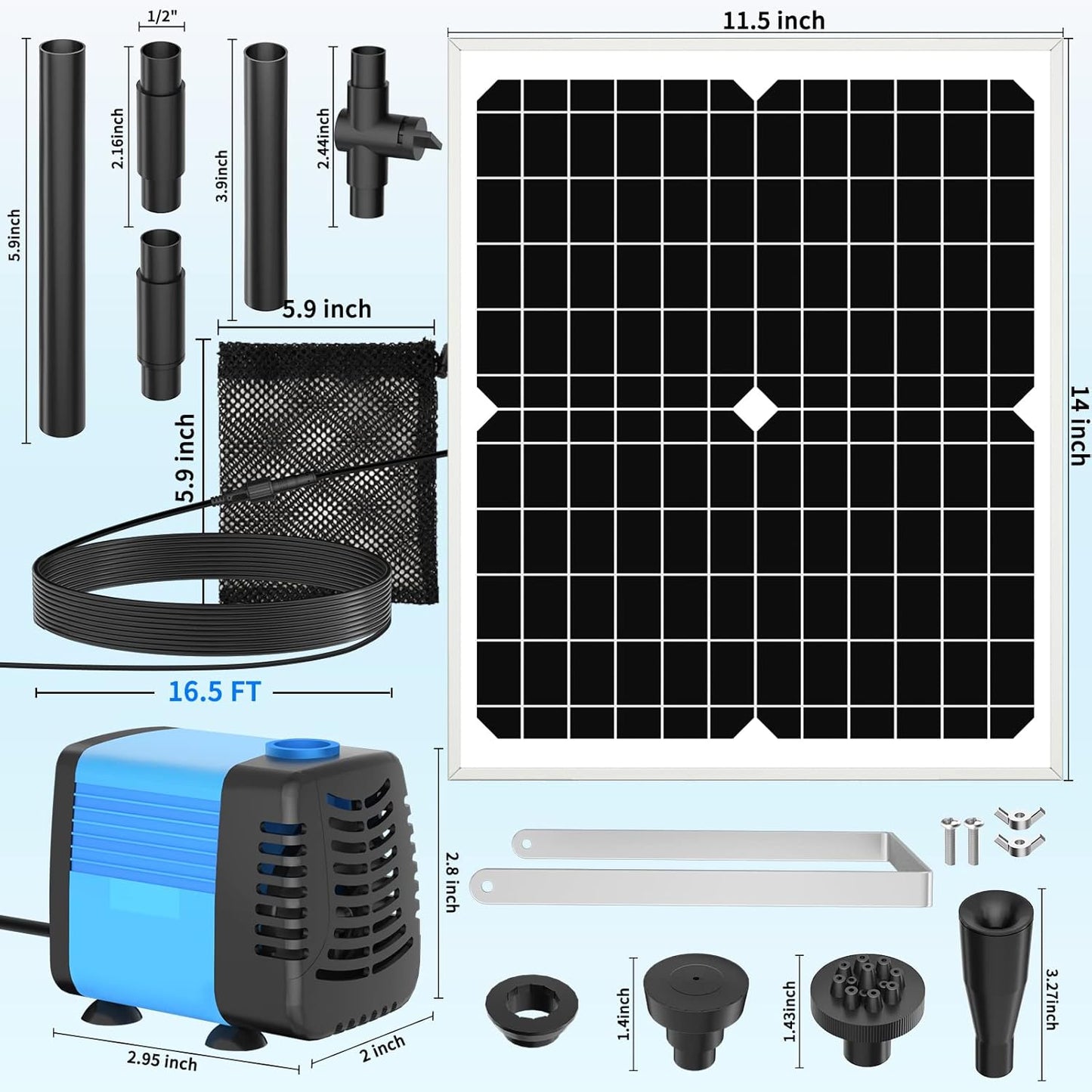 20W Solar Fountain Pump, 350GPH Solar Powered Water Pump with Adjustable Flow, 4 Sprayers, 16.5Ft Cable, Filter Bag for Outdoor Pond Fountains, Garden Water Features