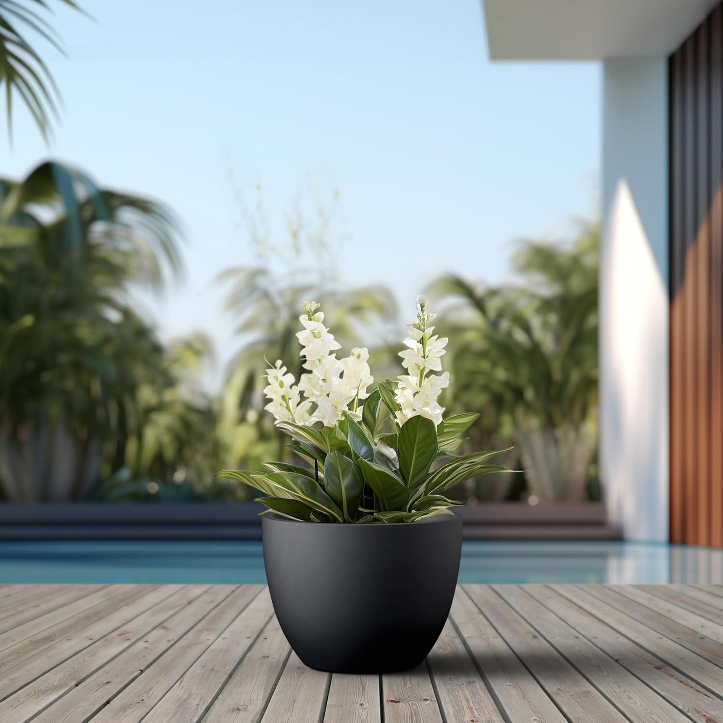 Kante 14.2 Inch Round Concrete Planter - Classic Large Indoor/Outdoor Plant Pot with Drainage Hole and Rubber Plug, Suitable for Gardens and Patios, Black Finish with Warm Brown Interior