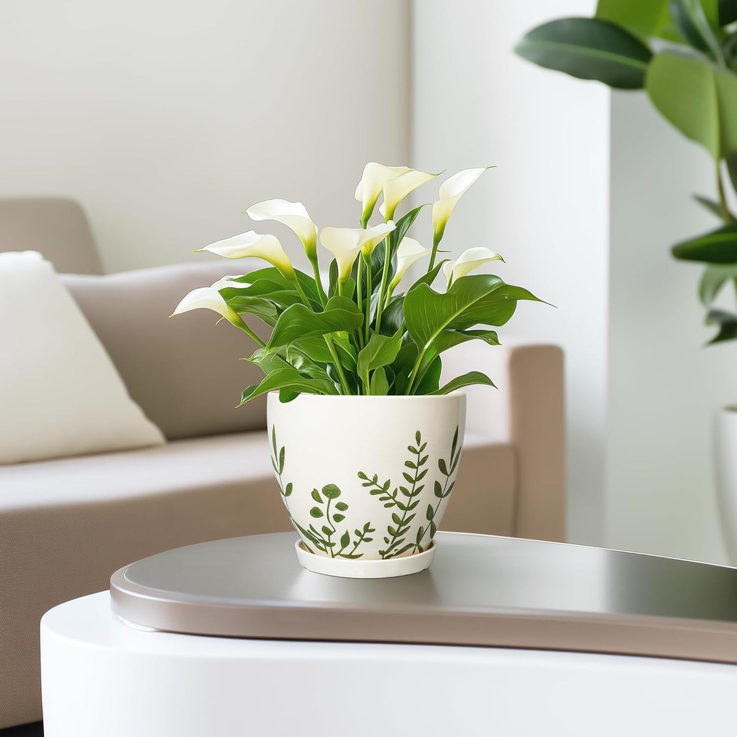 6.8 Inch Plant Pot - Ceramic Planter for Indoor Plants, Flower Pot with Drainage Hole and Saucer, Decorative Boho Round Outdoor Planter, Housewarming Gifts, Garden Room Decor, White