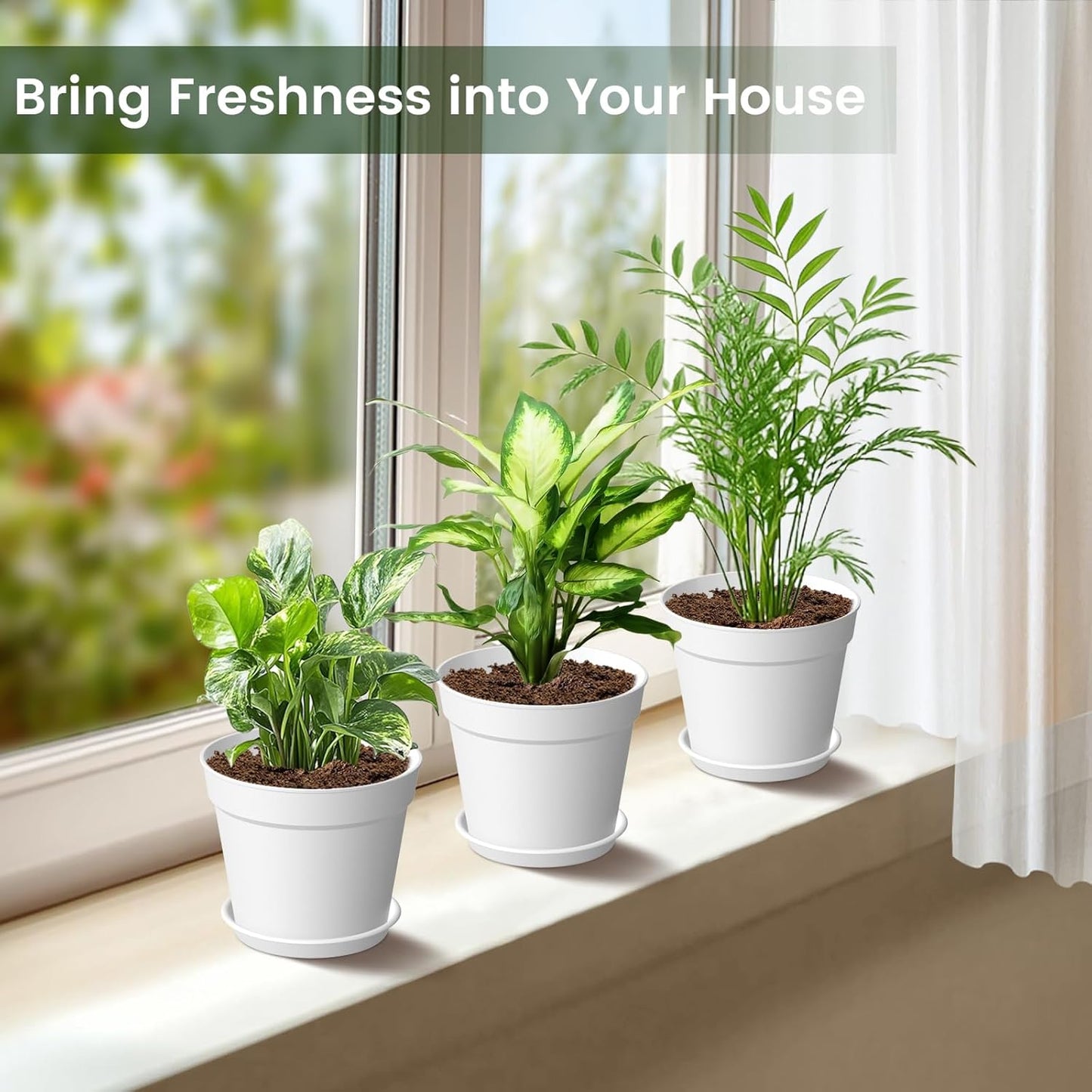 10 Pack 6 Inch Plant Pots with Drainage and Saucers, White Plastic Flower Pots for Indoor and Outdoor Plants, Stackable Nursery Planters for Houseplants and Herbs, White