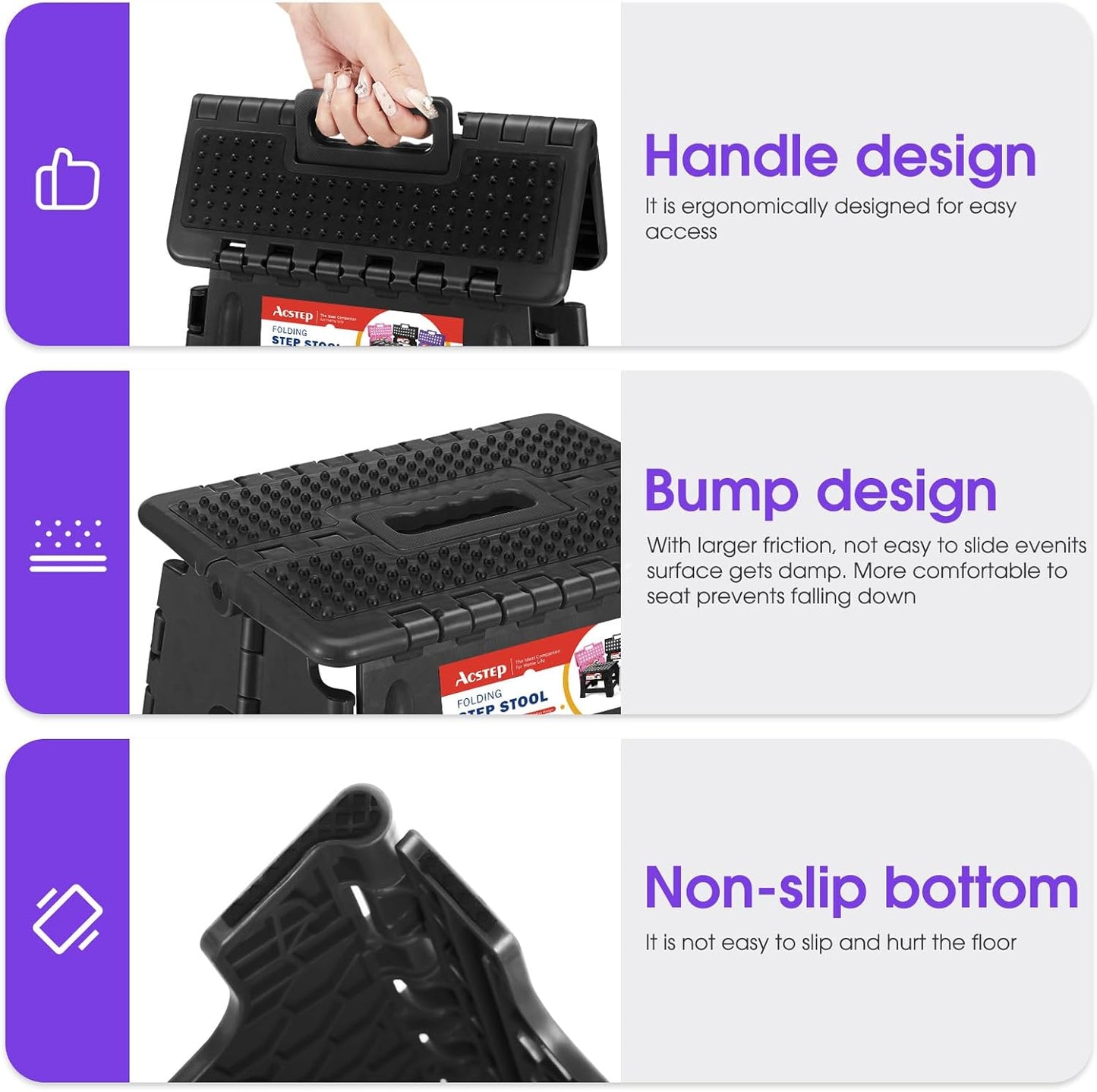 ACSTEP 17.5 Inch Folding Step Stool for Adults and Kids, Non-Slip Plastic Foldable Stepping Stool, Collapsible Folding Stool with Handle Holds Up to 400lbs for Kitchen, Dot Black (1 Pack)