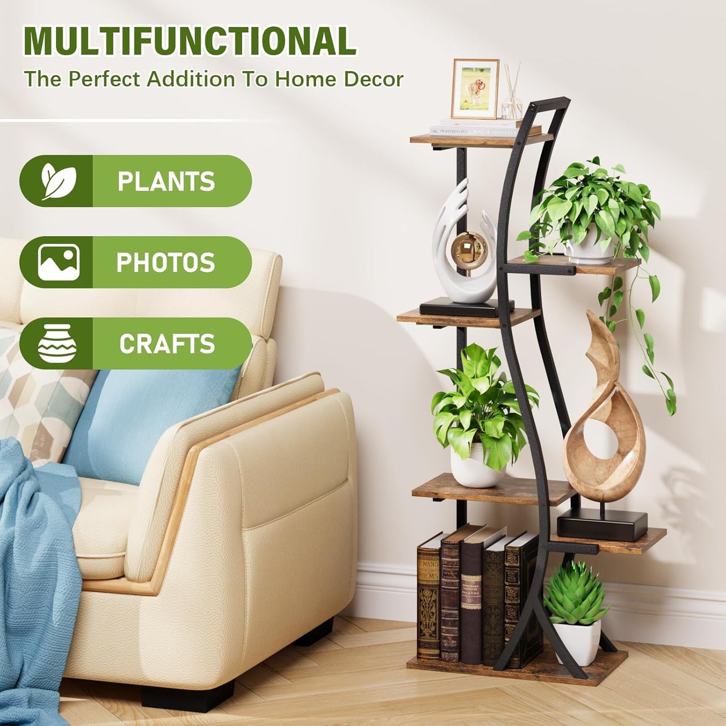 6 Tiered Plant Stand with Grow Light Indoor, 44.5" Corner Plant Shelf for Indoor Plants Multiple, Curved Design Flower Stand Display Holder Rack for Living Room, Patio, Balcony Decor