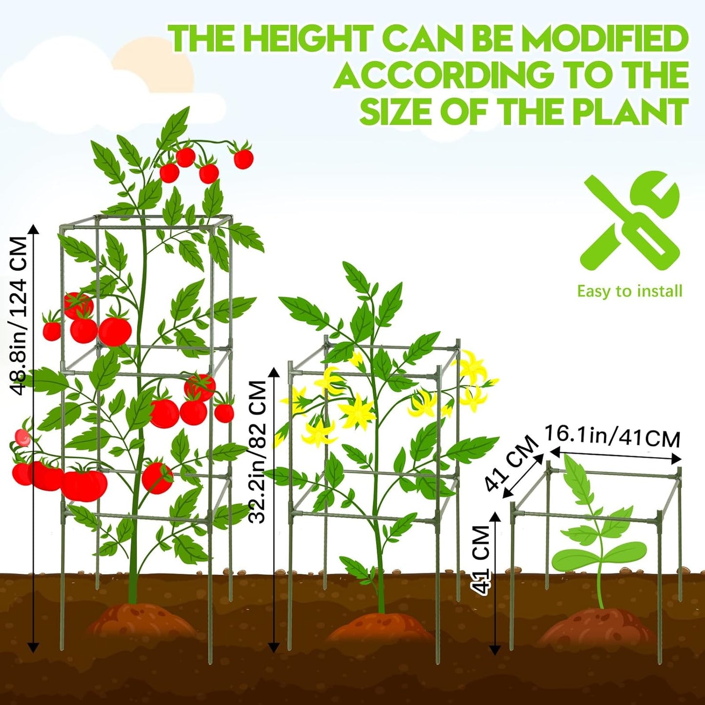 arbxvnrUp to 48.8in Square Tomato cage Garden mesh Plant Support Posts, quadrangular Adjustable Tomato Stand Pot Picking mesh (1pack)