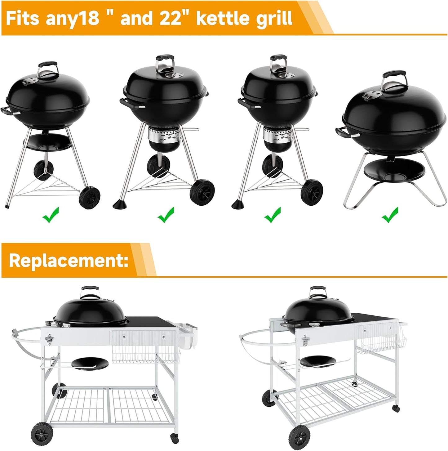 JY QAQA Grill Table for Weber 22" & 18" Original Kettle, Stand Cart for Jumbo Joe, Master-Touch, Performer Charcoal Grills with Sliding Lid Rack, Spacious Surface, Lockable Wheels for Outside
