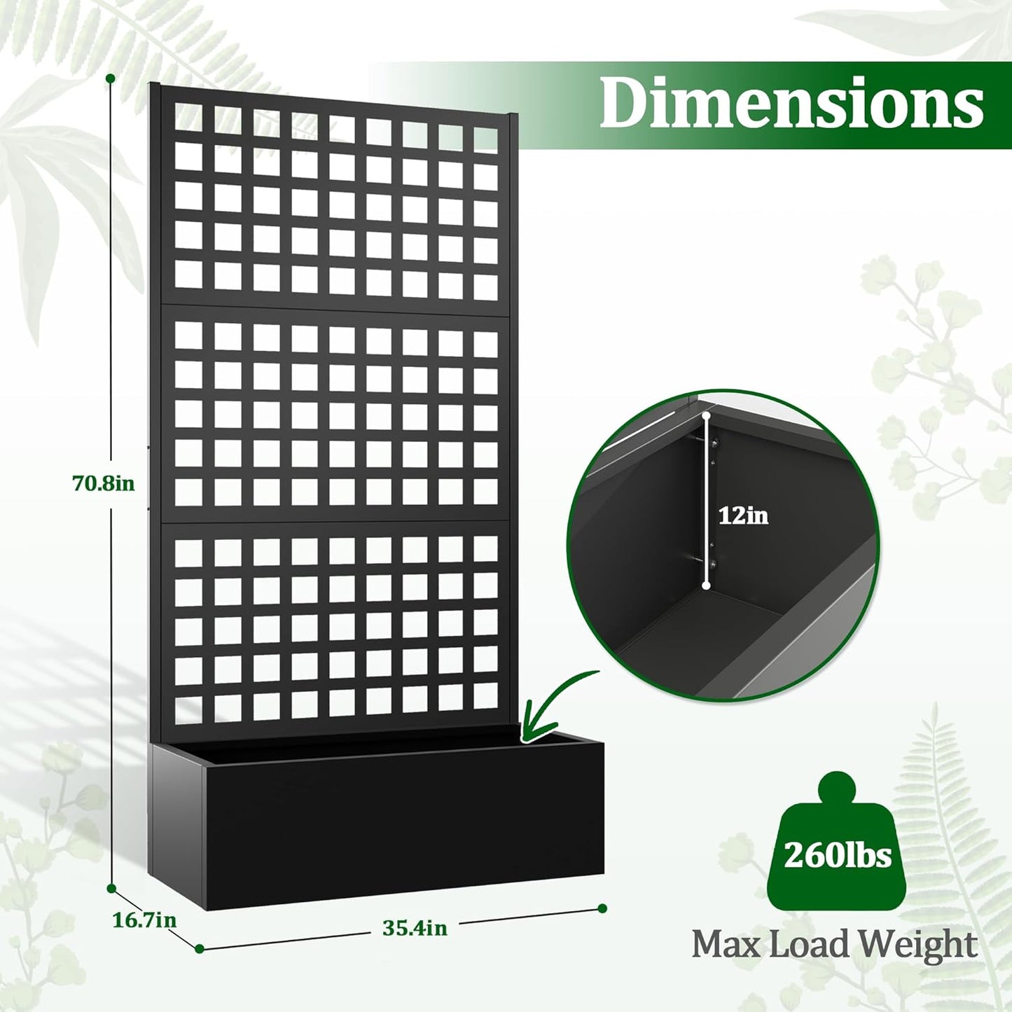 Metal Raised Garden Bed with Trellis, 2 in 1 Trellis with Planter Box & Privacy Screen for Climbing Plants, Vine, Outdoor Standing Flower Beds with Drainage Holes, 35.4"L x 16.7"W x 70.8"H, Black