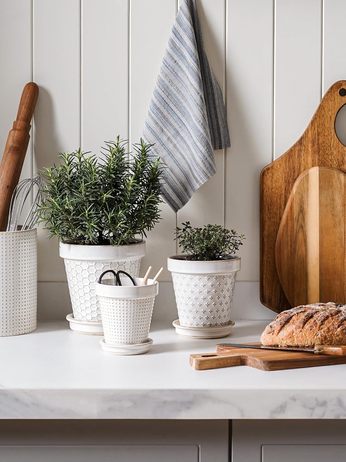 LE TAUCI Ceramic Plant Pots, 4.9 Inch Flower Pots with Drainage Hole & Saucer, Embossed Planter Pots for Indoor Plant Succulent, Orchid, Cactus, Home Decor - Set of 4, Arctic White