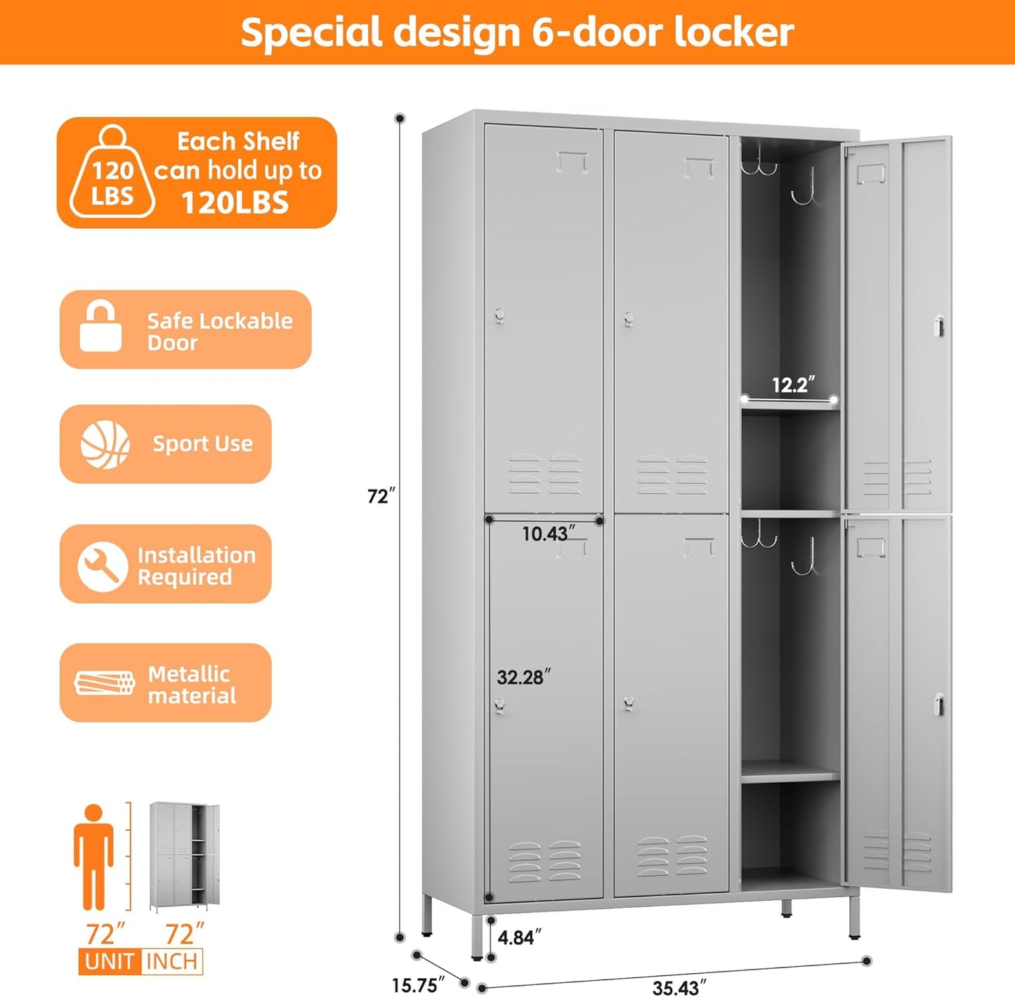 6 Doors Metal Lockers for Employees with 6 Shelves and 18 Hooks, Storage Locker with Business Card Holder for Office Gym School Bedroom, Assembly Required, Light Gray