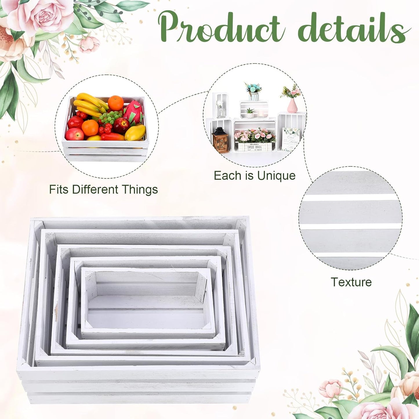 Soaoo 5 Pcs Decorative Nesting Wooden Crates for Storage Display 5 Size Large Small Rustic Wood Decorative Storage Crates with Handle Farmhouse Crate Box Container Made from Pine(Vintage White)