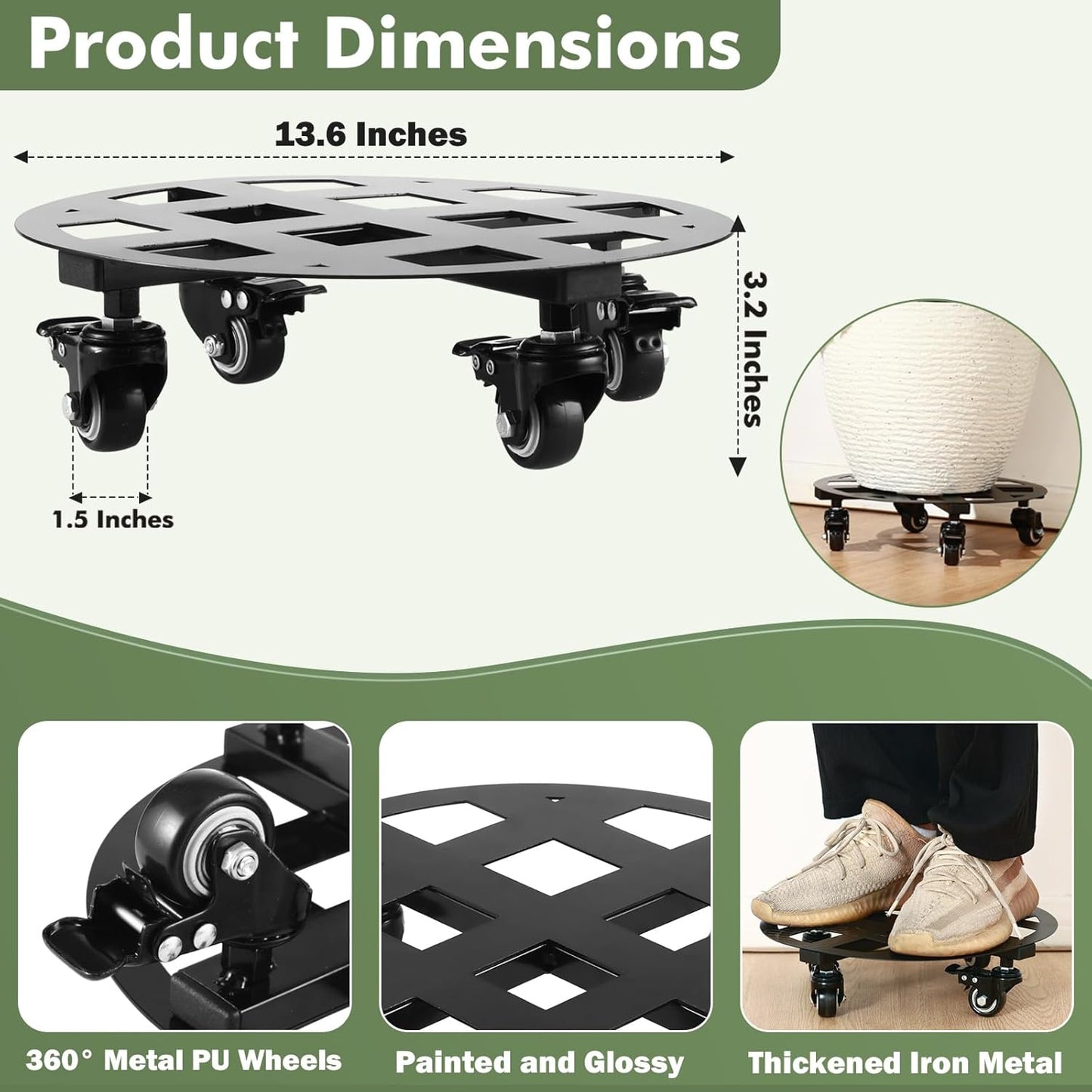 2 Packs 13.6 and 12 inches Large Metal Plant Caddy with Wheels Heavy-duty Round Plant Stands with Casters Indoor Outdoor Flower Pot Mover Roller Base Garden Dolly Coasters Black, Strong Load Capacity