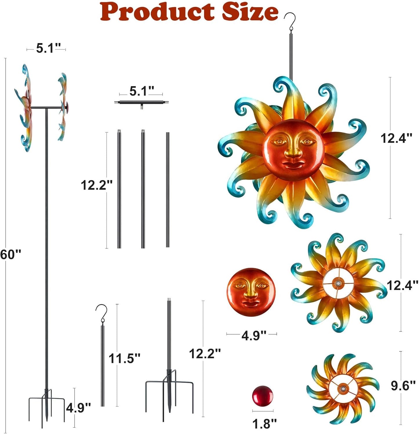 60 Inch Metal Large Wind Spinner with Garden Stake，360 Metal Swivel Outdoor Wind Sculpture,Sun Metal Windmill Decorations Gifts for Women Grandma Birthday Mothers Day