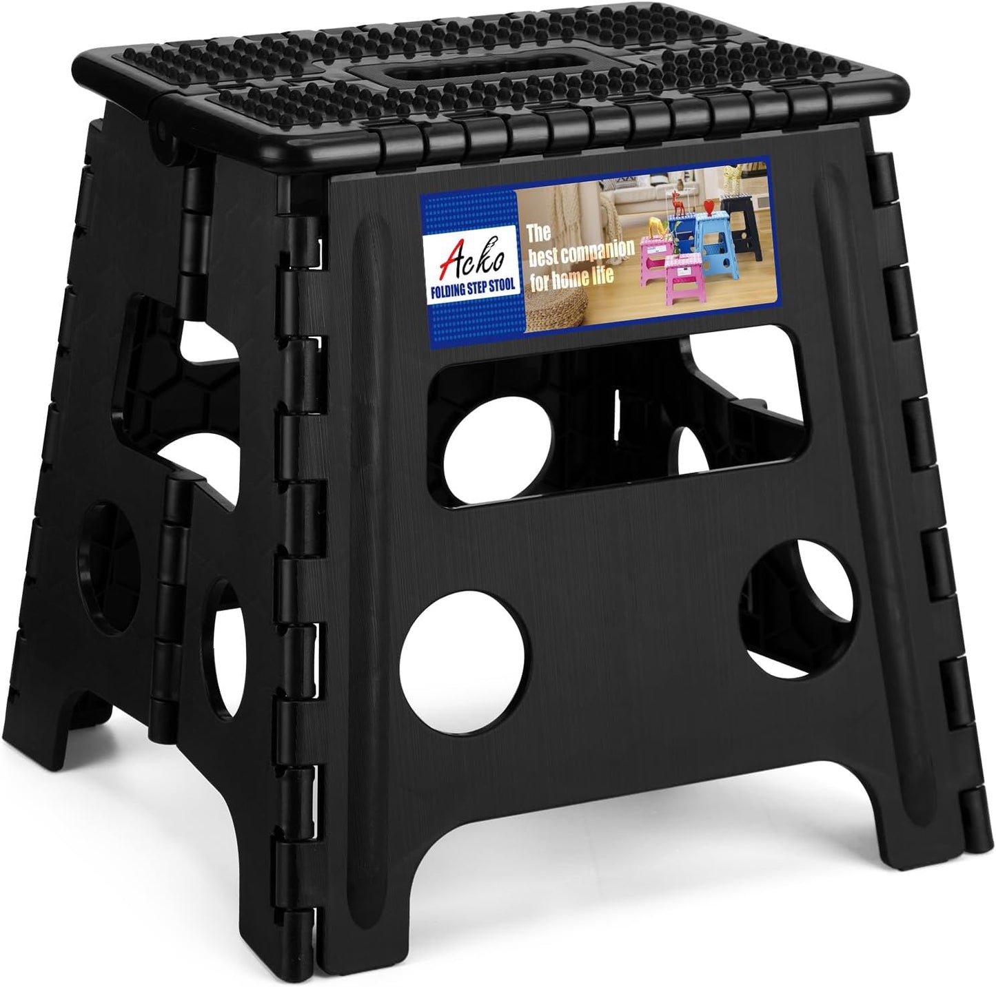 ACKO Folding Step Stool 13 inch Height Premium Heavy Duty Foldable Step Stools for Adults and Kids, Kitchen Plastic Small Collapsible Stepping Stool Hold Up to 300 LB Dot Black (1 Pack)