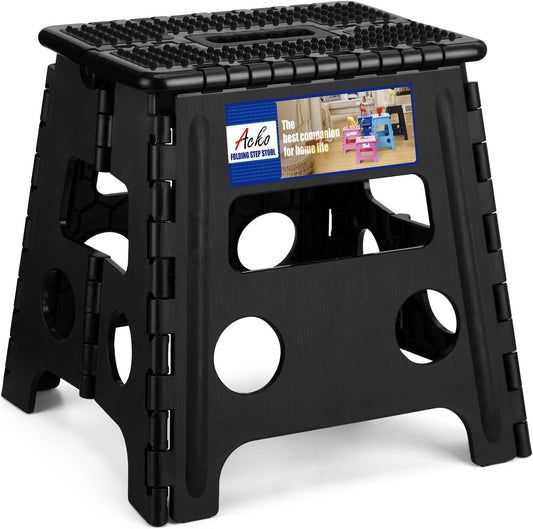 ACKO Folding Step Stool 13 inch Height Premium Heavy Duty Foldable Step Stools for Adults and Kids, Kitchen Plastic Small Collapsible Stepping Stool Hold Up to 300 LB Dot Black (1 Pack)