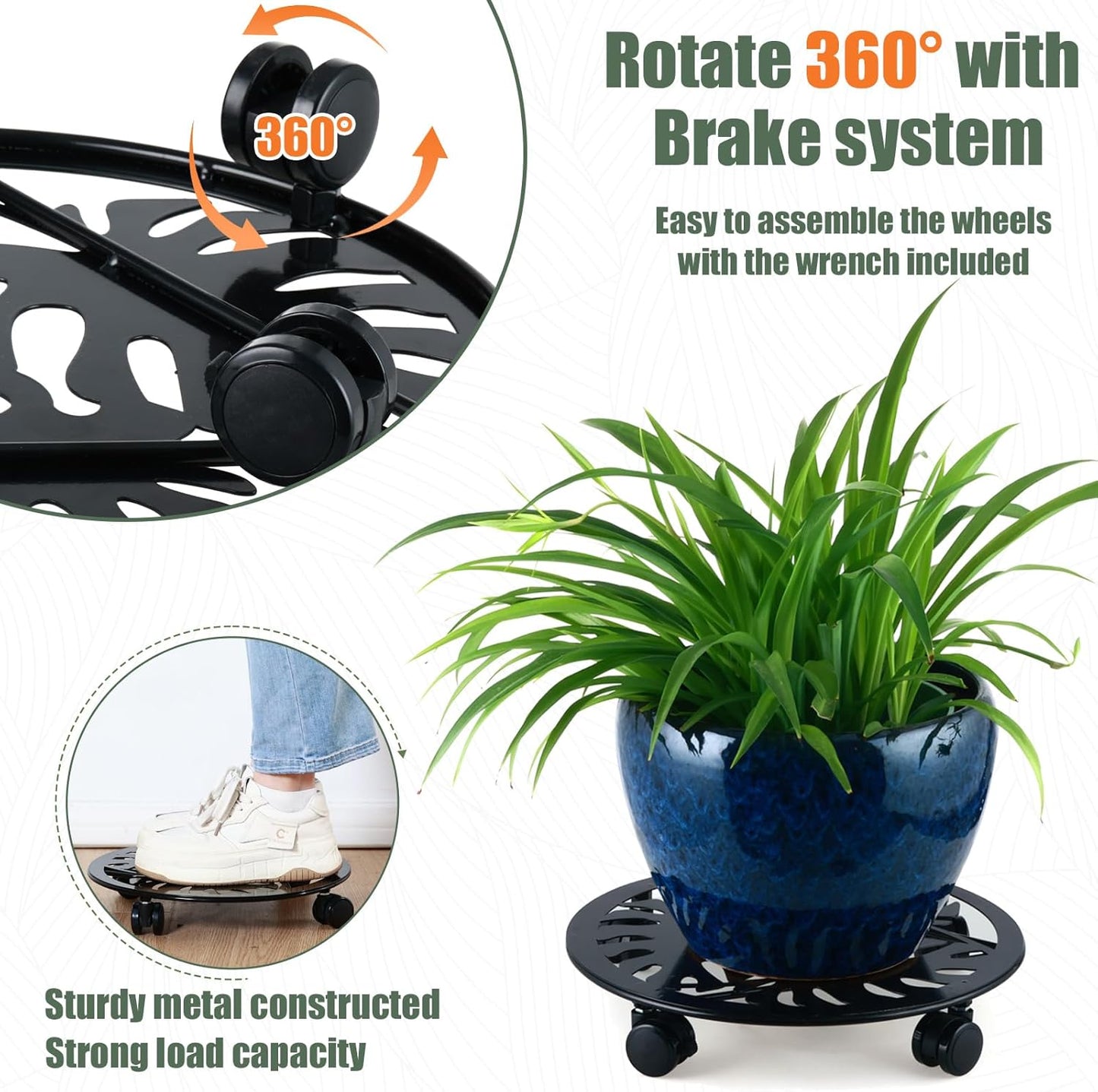 3 Packs Metal Plant Caddy with Wheels 13” Rolling Plant Stands Heavy-duty Wrought Iron Plant Roller Planter Movers Indoor Outdoor Wheeled Plant Dolly with Casters Tray Coaster, Black palm leaves