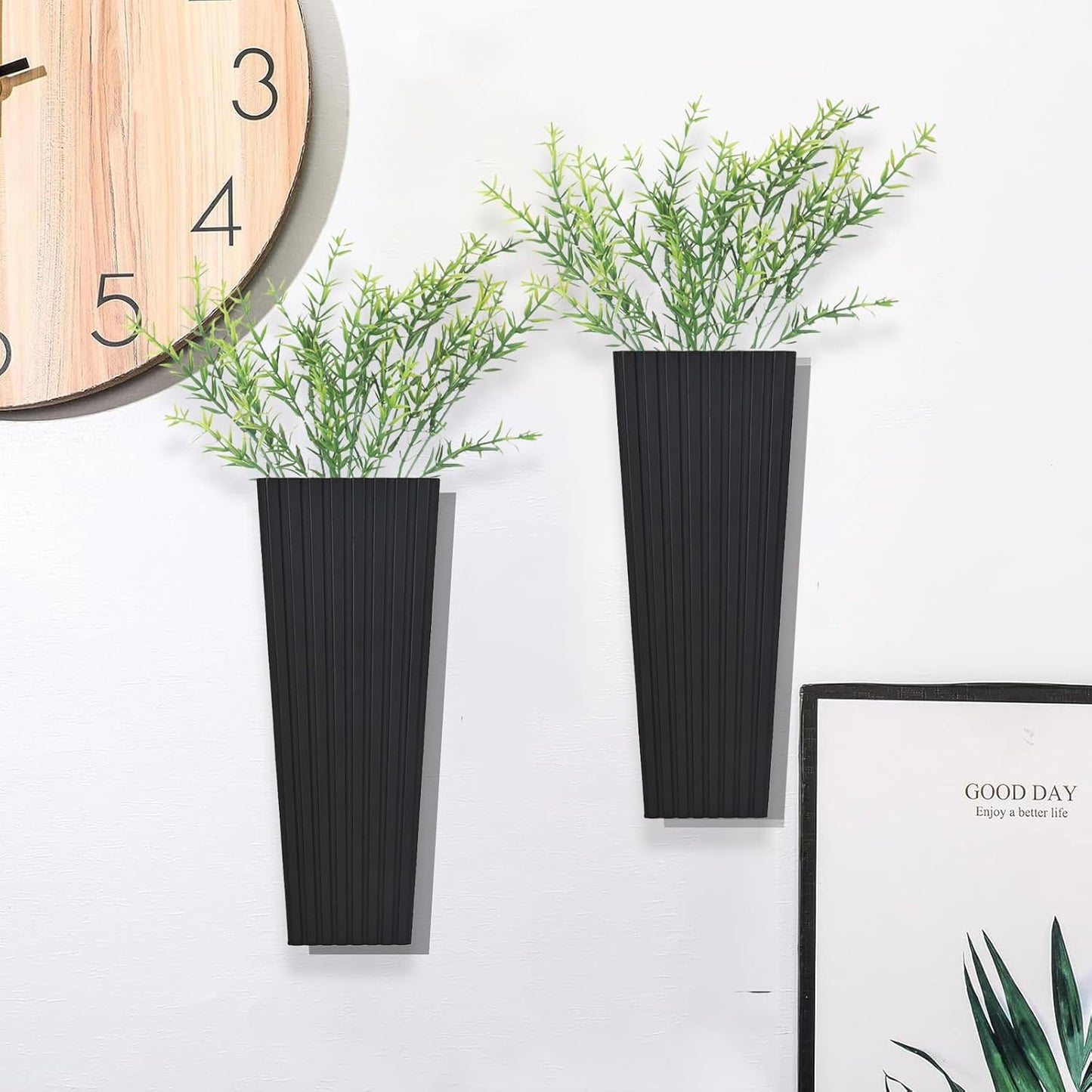 2Pack Black Wood Wall Planter for Indoor +2Pack Green Plants,Modern Wooden Hanging Planter for Dried Flowers and Plants,Abstract Vase Farmhouse Wood Wall Decor (Black)