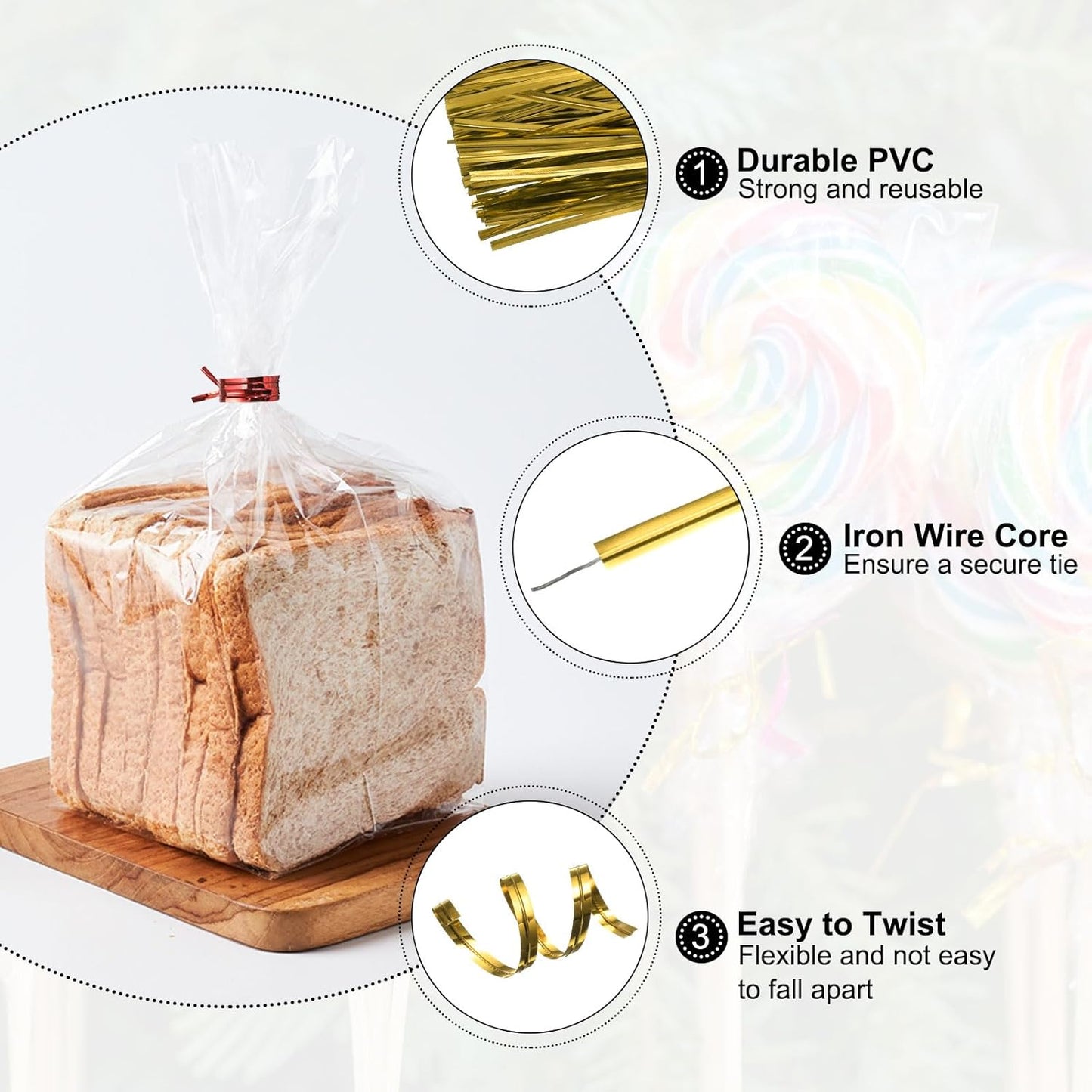 HARFINGTON 800pcs Bag Twist Ties 6" Reusable Plastic Metallic Twist Ties Wire Cable Ties for Party Bread Candy Cake, Gold Tone