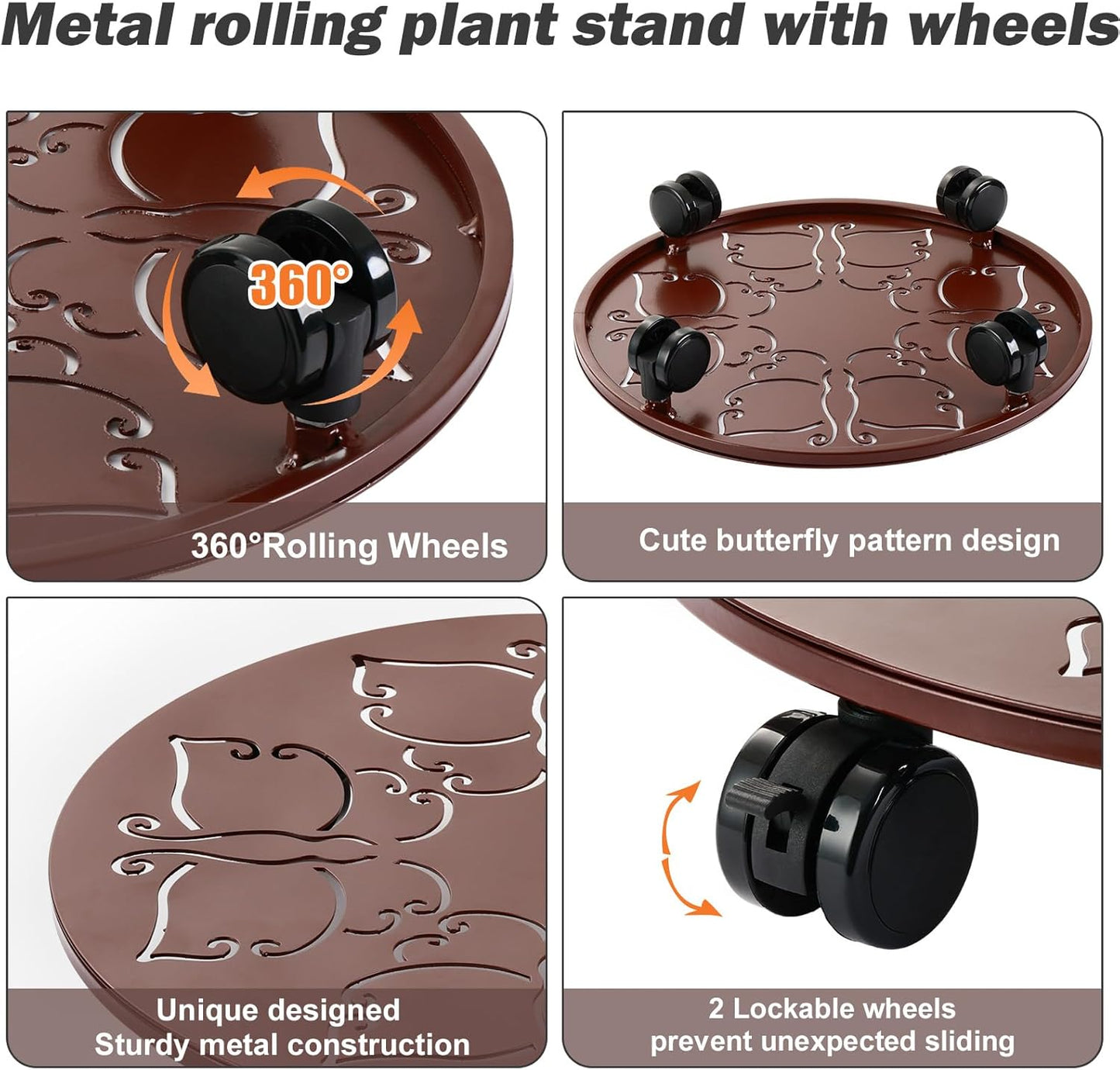 3 Packs 13.6 inches Large Metal Plant Caddy with Wheels Round Planter Dolly Pot Mover Rollers Wrought Iron Rolling Plant Stands Indoor Outdoor Wheeled Plant Holder Coaster Trolley, Butterfly, Brown