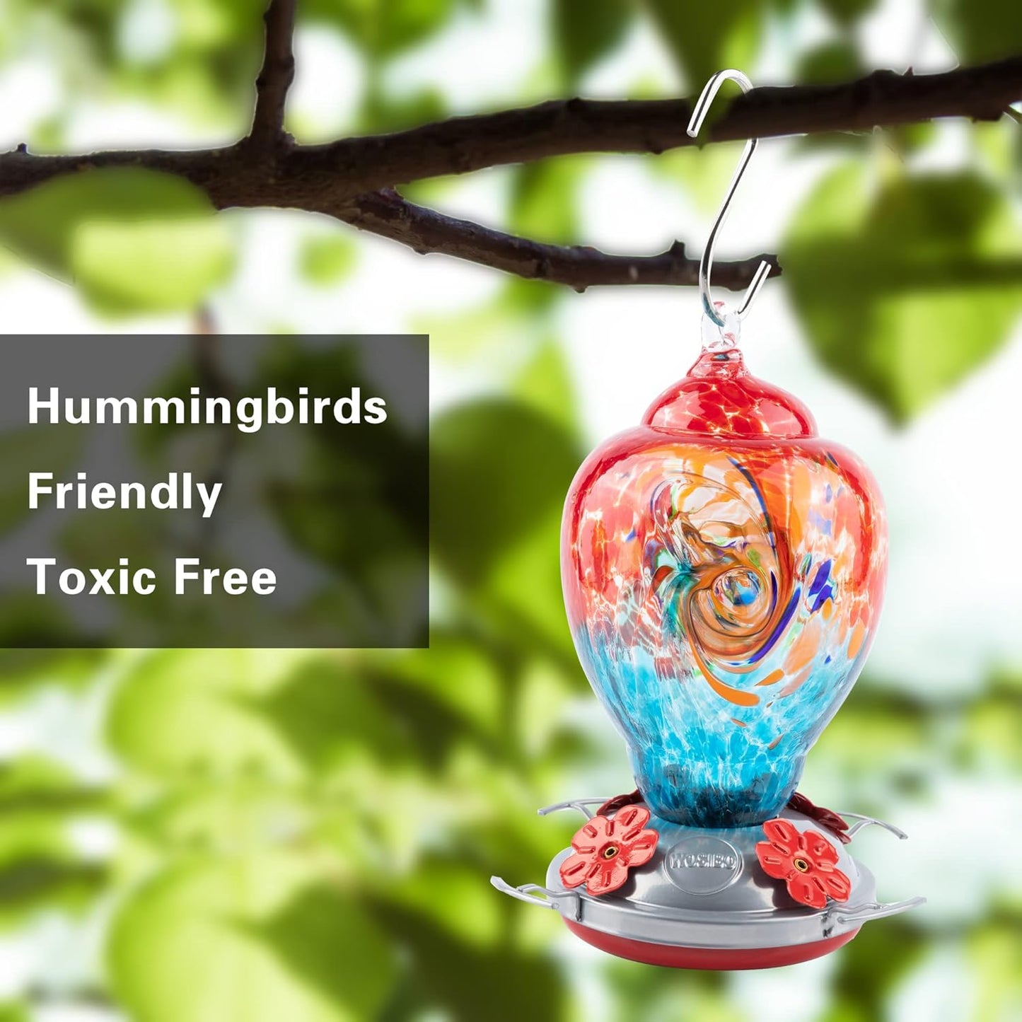 WOSIBO Hummingbird Feeder for Outdoors Patio Large 32 Ounces Colorful Hand Blown Glass Hummingbird Feeder with Ant Moat Hanging Hook, Rope, Brush and Service Card (Red-Blue)