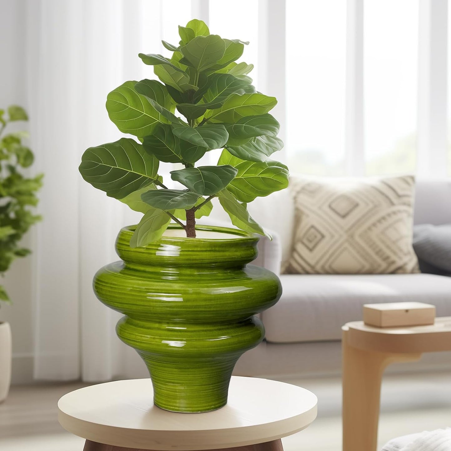 Ceramic Pot for Plants 11 Inch - Plant Pot for Indoor Outdoor, Decorative Bonsai Planter with Drainage Hole, Flower Pots for Office, Gift for Men Women, Green