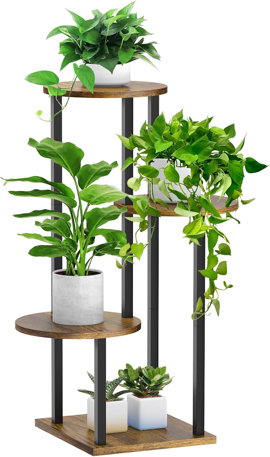 4 Tier Plant Stand Indoor, Metal Wooden Tall Plant Shelf Flower Pot Stand for Multiple Plants, Corner Flower Holder Plant Display Rack for Living Room Balcony Patio Garden (Rustic Brown)