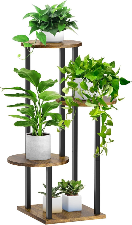 4 Tier Plant Stand Indoor, Metal Wooden Tall Plant Shelf Flower Pot Stand for Multiple Plants, Corner Flower Holder Plant Display Rack for Living Room Balcony Patio Garden (Rustic Brown)