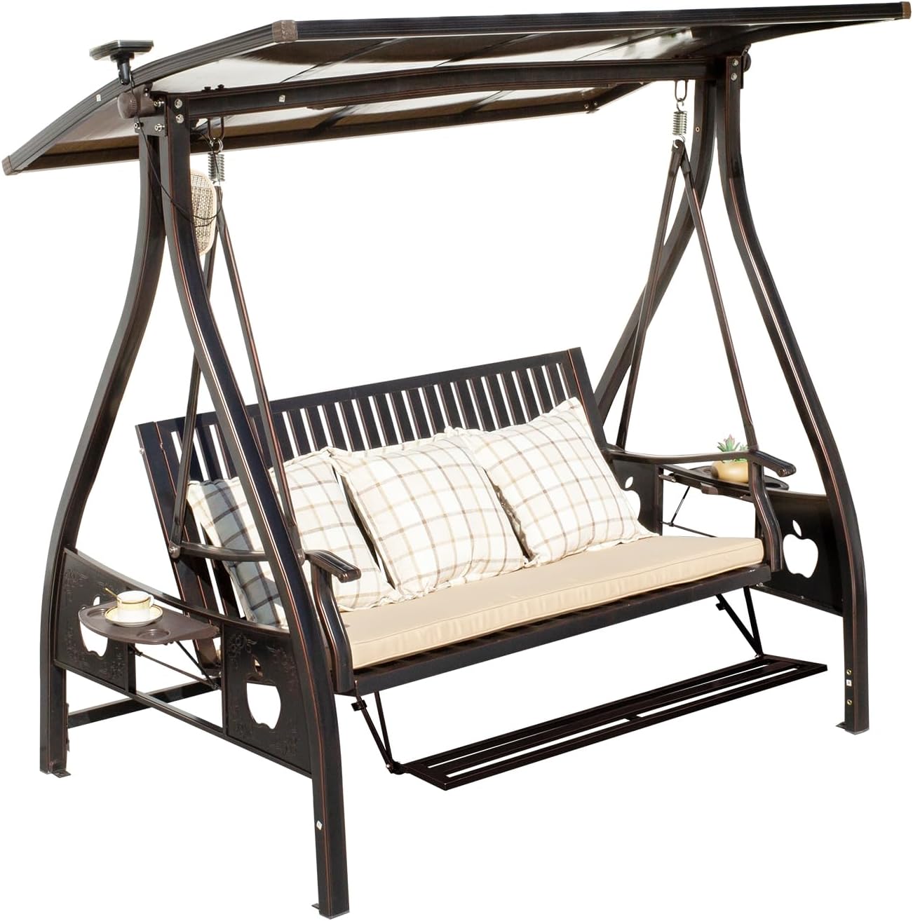 2/3-Seat Outdoor Patio Porch Swing with Adjustable Aluminum Alloy Canopy Solar Patio Swing Chair Bench with Footrest Side Cup Holder for Backyard Lawn (Elite Red Copper - 3 Seat)