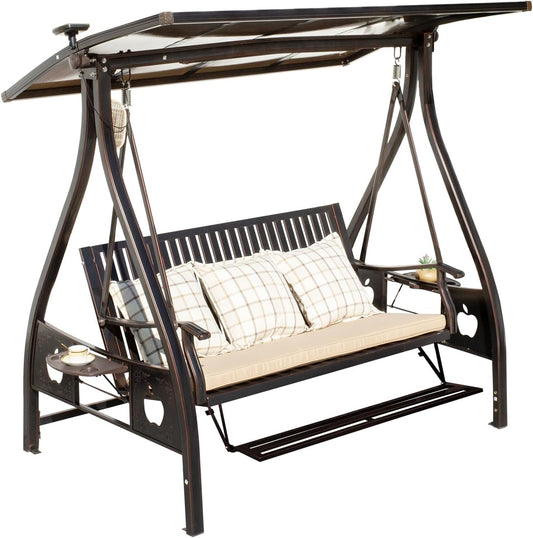 2/3-Seat Outdoor Patio Porch Swing with Adjustable Aluminum Alloy Canopy Solar Patio Swing Chair Bench with Footrest Side Cup Holder for Backyard Lawn (Elite Red Copper - 3 Seat)