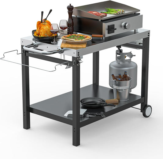 LS'BABQ Outdoor Grill Table Cart, Pizza Oven Stand, BBQ Prep Table with Trash Bag Holder Wheels & Hooks, Double-Shelf Movable Food Prep and Work Stand, Stainless Steel Flattop Grill Cart