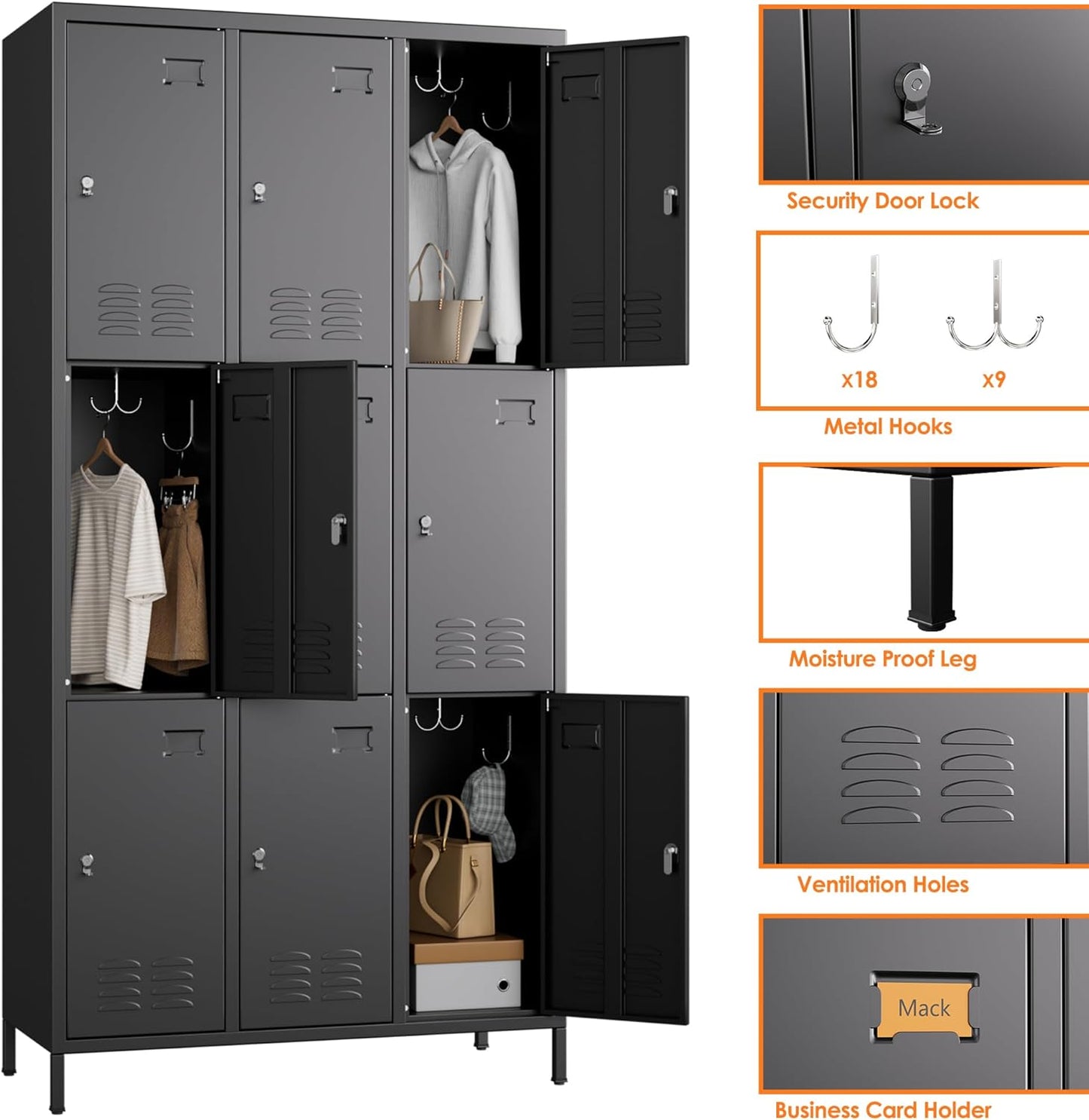 9 Doors Metal Lockers for Employees with 27 Hooks, Storage Locker with Business Card Holder for Office Gym School Bedroom, Assembly Required, Black