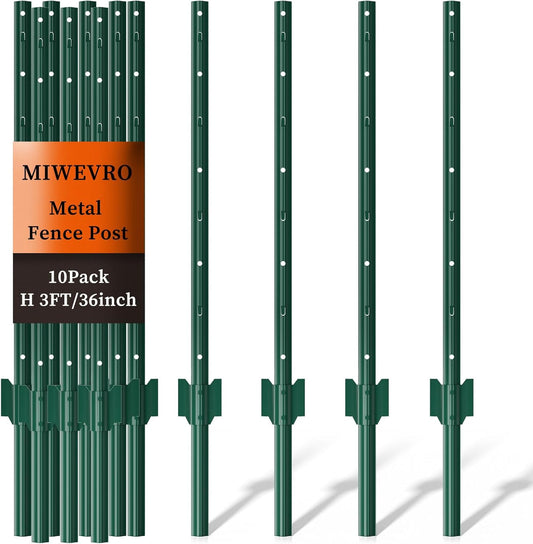 10 Pack Garden Fence Post, 3 Feet Heavy Duty Metal U-Post for Wire Fence, No Dig Garden Fence Stakes for Temporary Fencing, Electric Fence Wire, Corner Anchor, and More-Green
