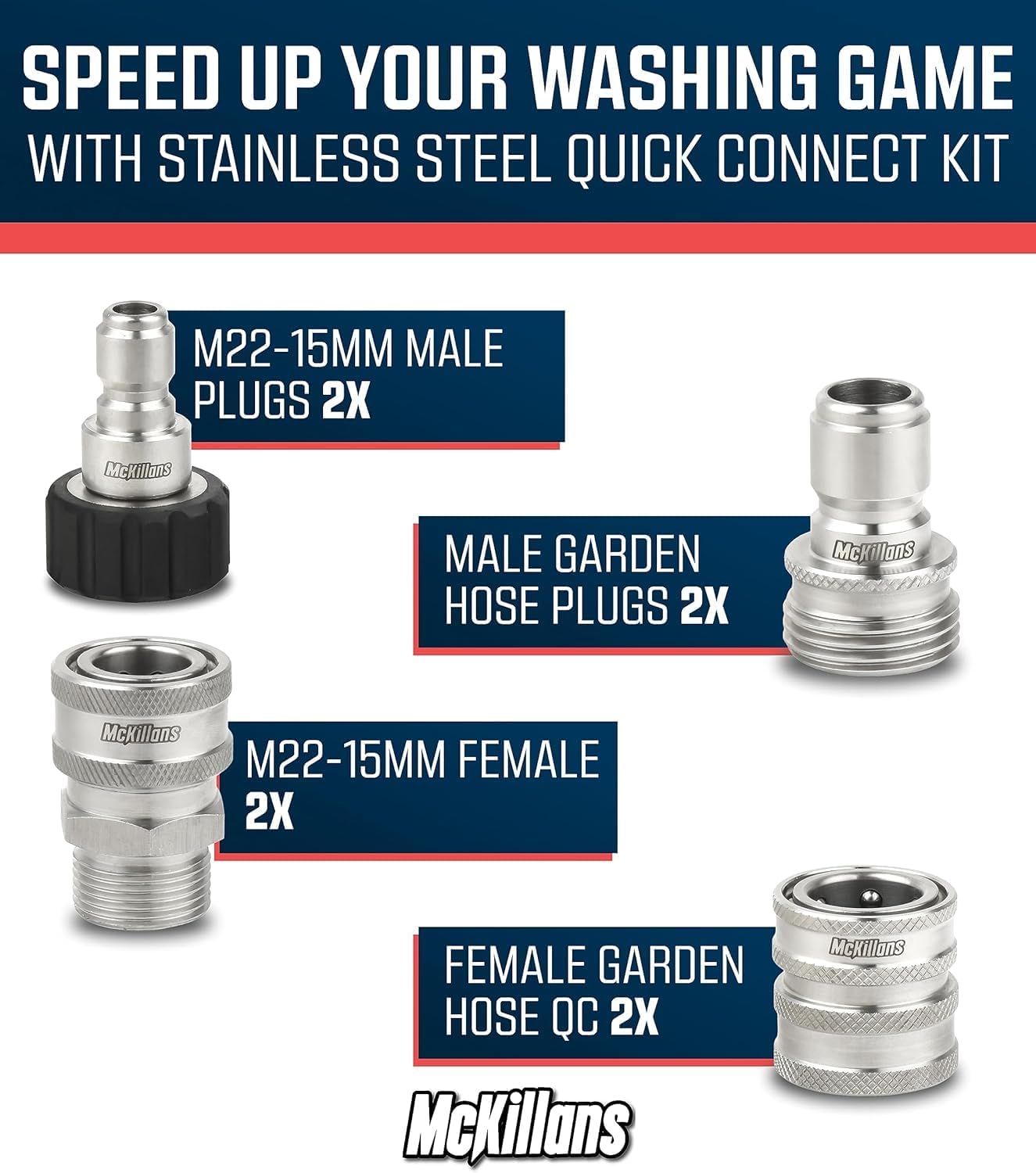 McKillans® M22-15mm Pressure Washer Quick Connect Kit, M22-15mm to 3/8" Male Female Quick Disconnect Kit for Power Washer (Stainless Steel)