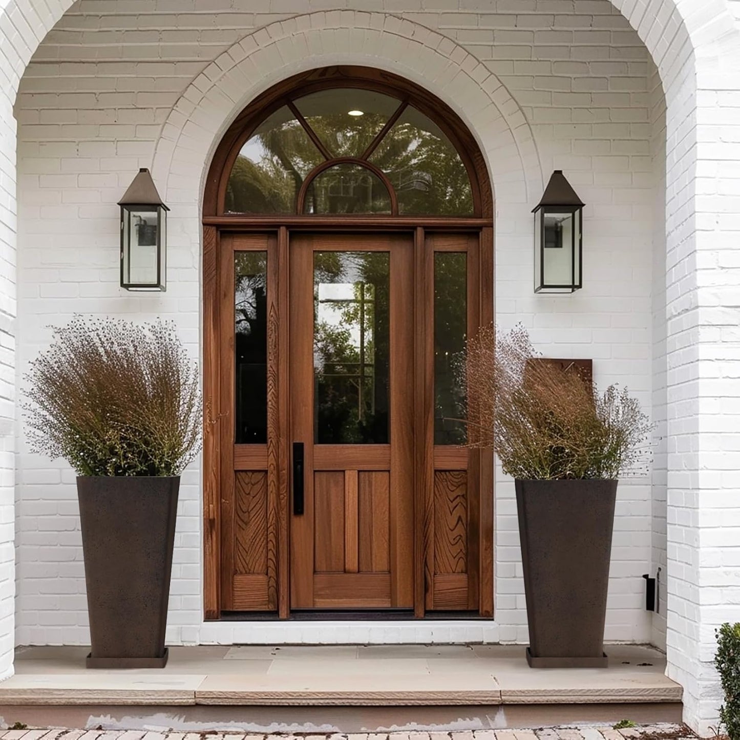 LA JOLIE MUSE 26 inch Tall Planters for Outdoor Plants,Set of 2 Tapered Planters with Trays,Iron Plastic Rectangular Tall Planters for Front Door, Patio and Deck, 26'' Iron With Tray