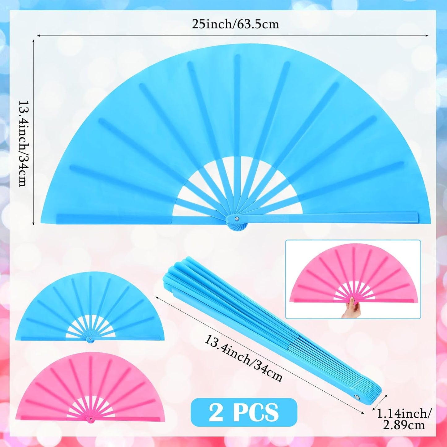 Maitys 2 Packs Large Clap Fans for Line Dancing Large Chinese Folding Hand Fans for Men and Women, Festival, Tai Ji, Kungfu, Martial Art, Gifts (Rose Red and Sky Blue)