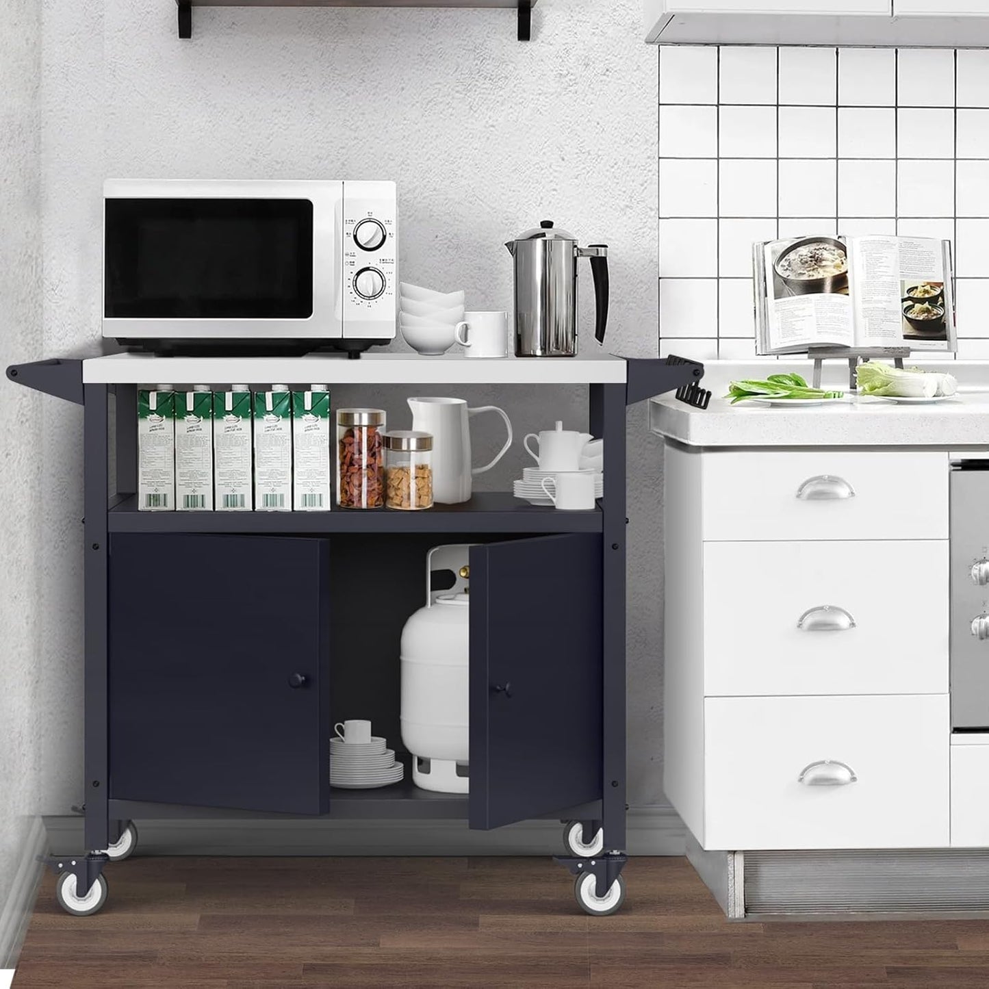 Outdoor Grill Table with Storage, Stainless Steel Grill Cart, Outdoor Kitchen Island Prep Stand Station,Blackstone Griddle Stand, BBQ Serving Cart Rolling Bar Cart with 4 Utensil Hooks