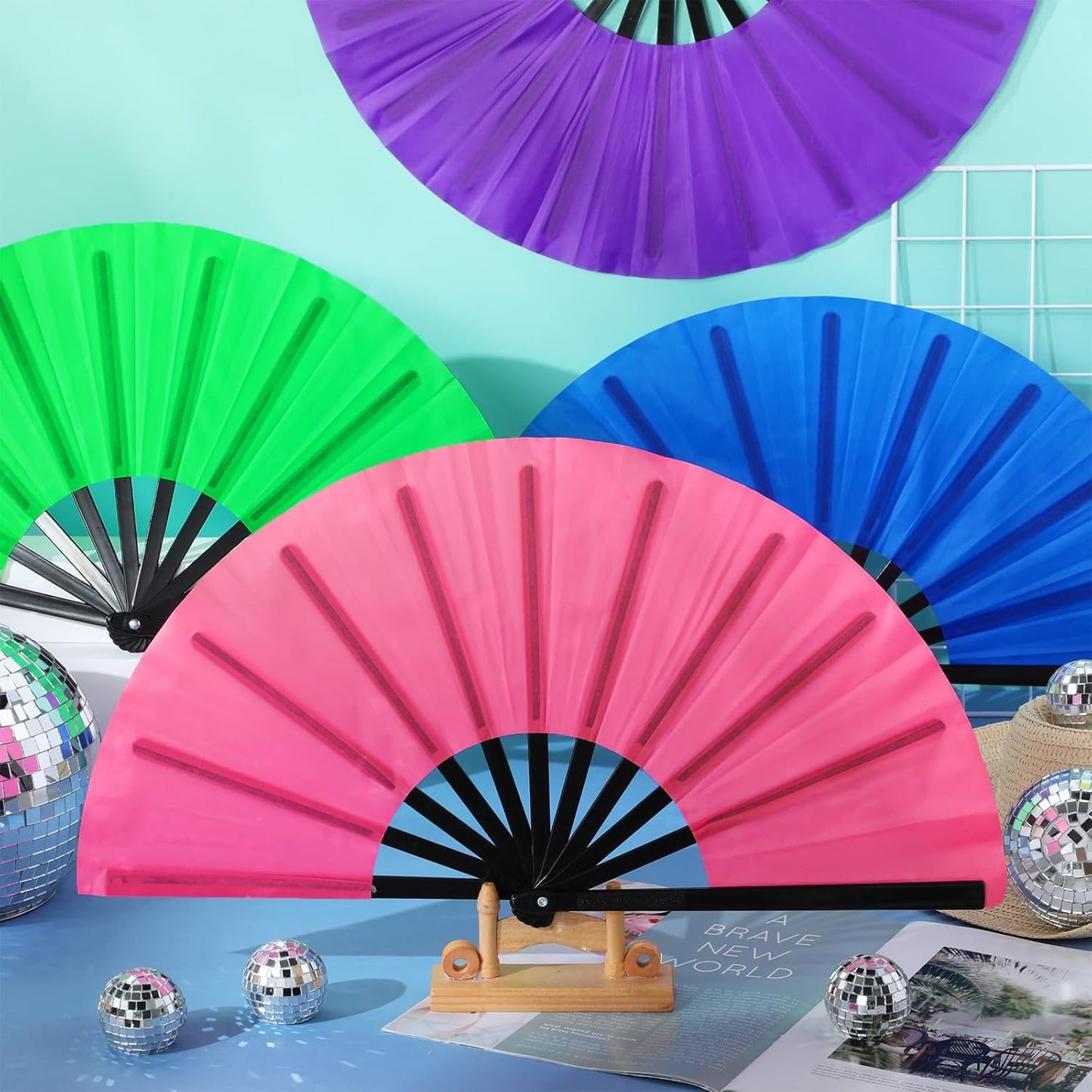 Blulu 4 Pcs 11 Inch Large Folding Hand Fans for Line Dancing Clapping Popping Rave Fans for Kids Women Men for Dancing Boots on The Ground Festival Party Decoration(Classic Style, Classic Color)